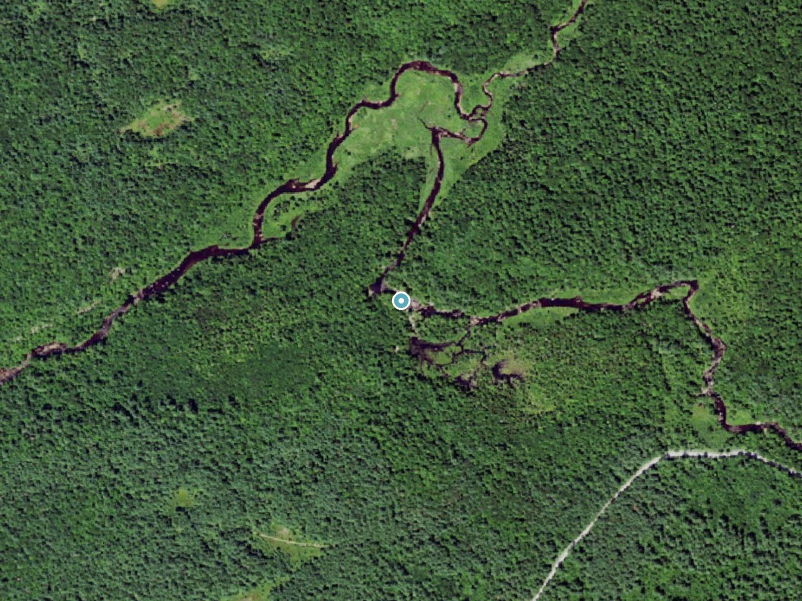 Aerial photo of the same ground around Shingle Mill Falls near Lyons Falls, New York, for comparison with the lidar view