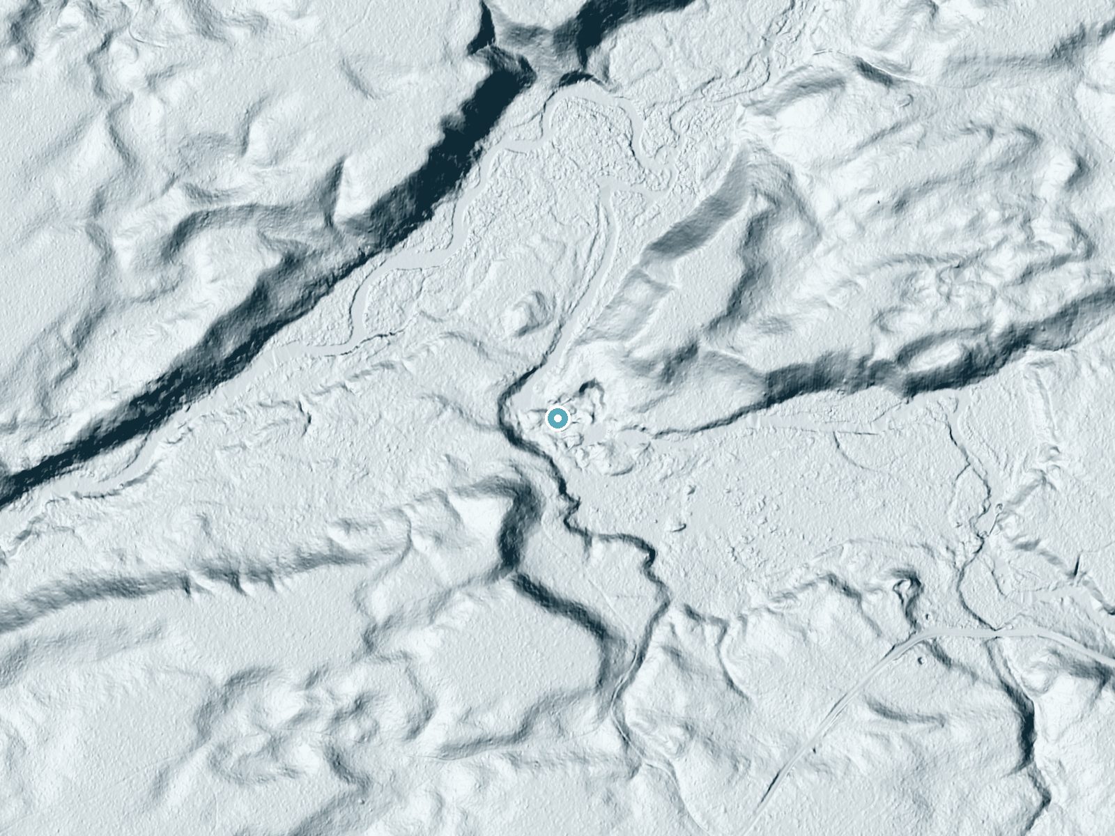 LiDAR bare-earth terrain around Shingle Mill Falls near Lyons Falls, New York, showing about 36 feet of drop, a long cascade, facing northwest