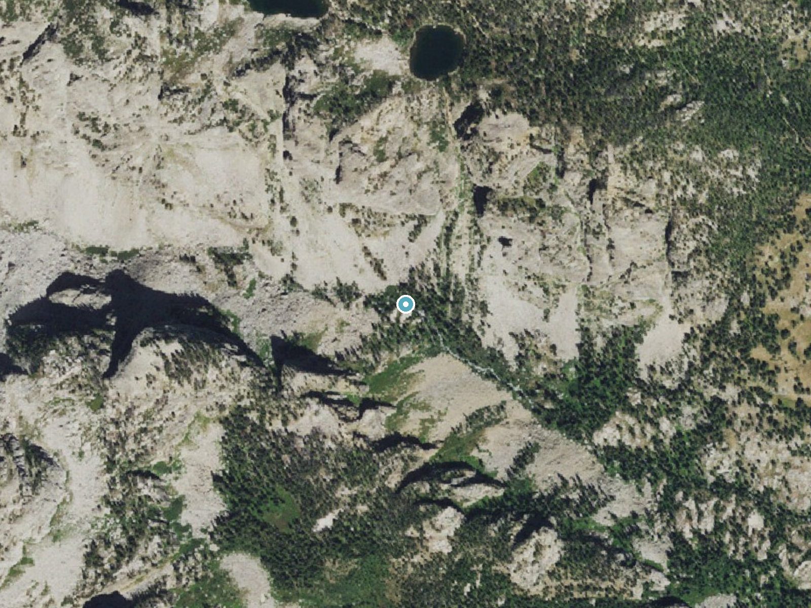 Aerial photo of the same ground around Cleft Falls near Teton Village, Wyoming, for comparison with the lidar view