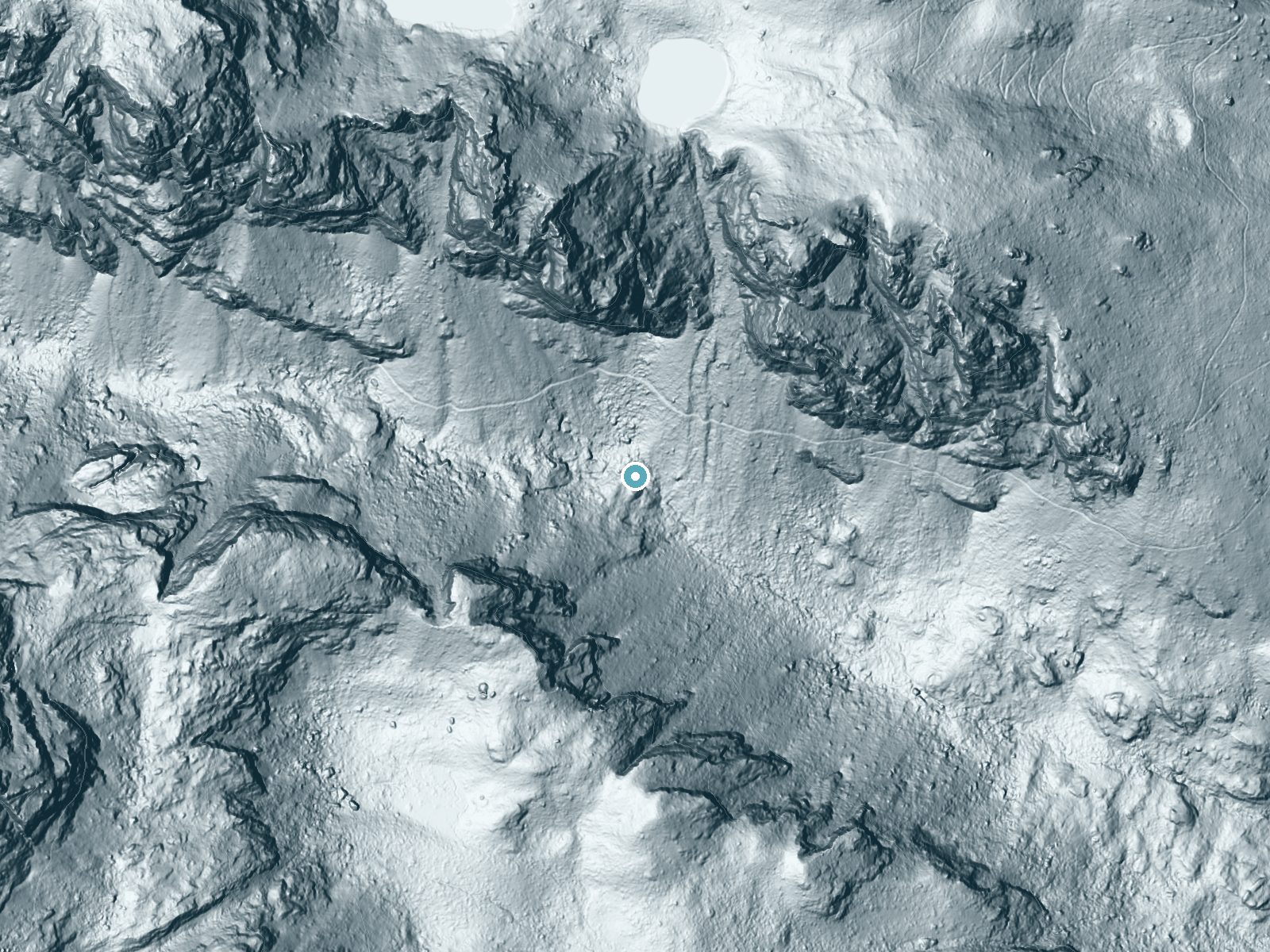 LiDAR bare-earth terrain around Cleft Falls near Teton Village, Wyoming, showing about 189 feet of drop, a steep tiered drop, facing southeast