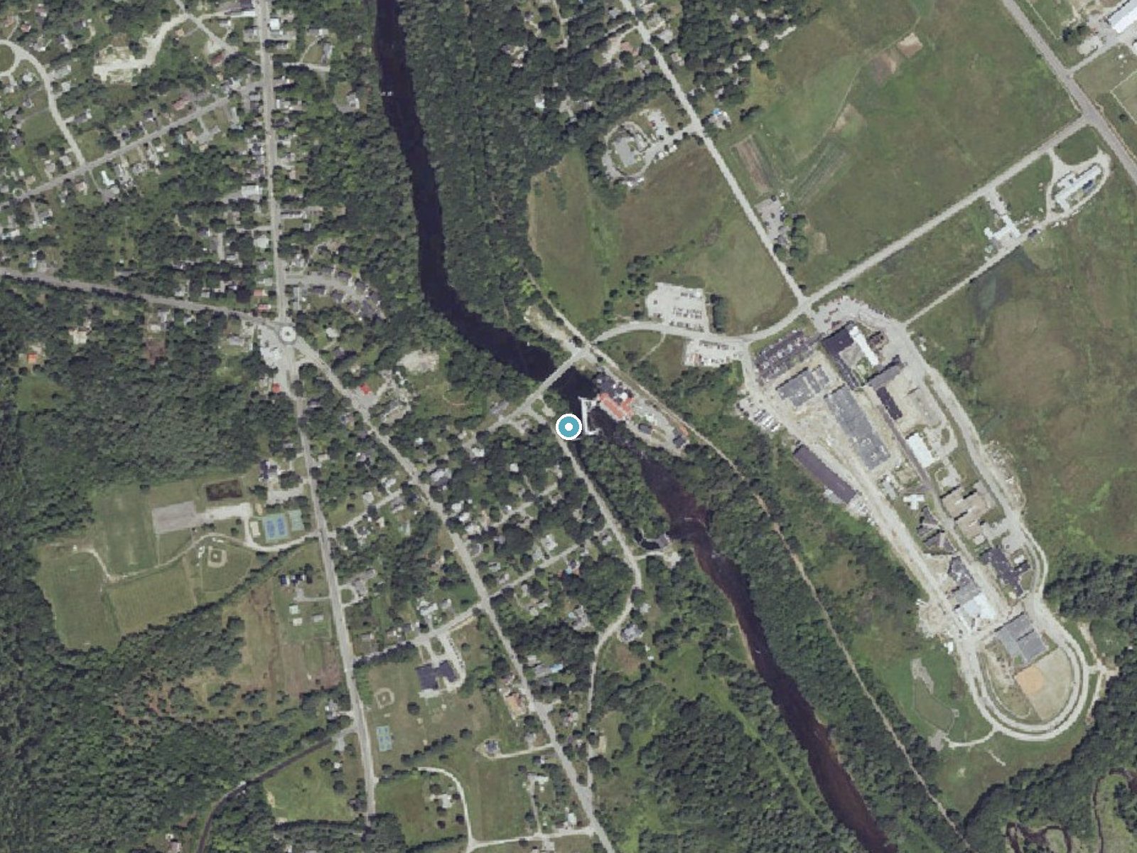 Aerial photo of the same ground around Mallison Falls near Little Falls, Maine, for comparison with the lidar view