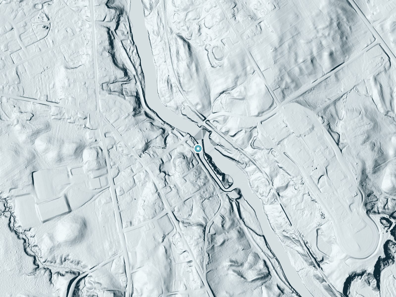 LiDAR bare-earth terrain around Mallison Falls near Little Falls, Maine, showing about 65 feet of drop, a long cascade, facing east