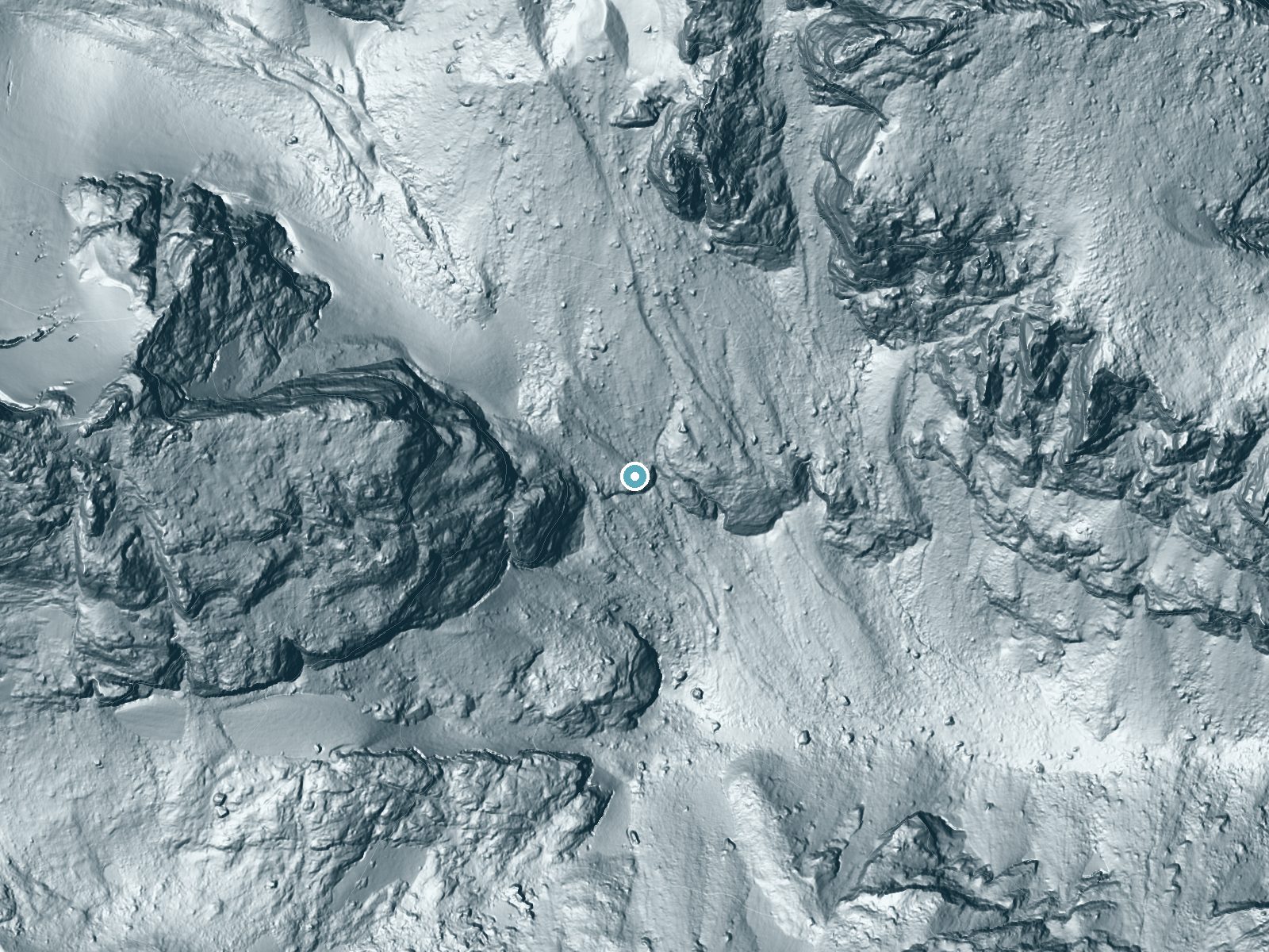 LiDAR bare-earth terrain around Spalding Falls near Teton Village, Wyoming, showing about 357 feet of drop, a single sheer drop, facing southeast
