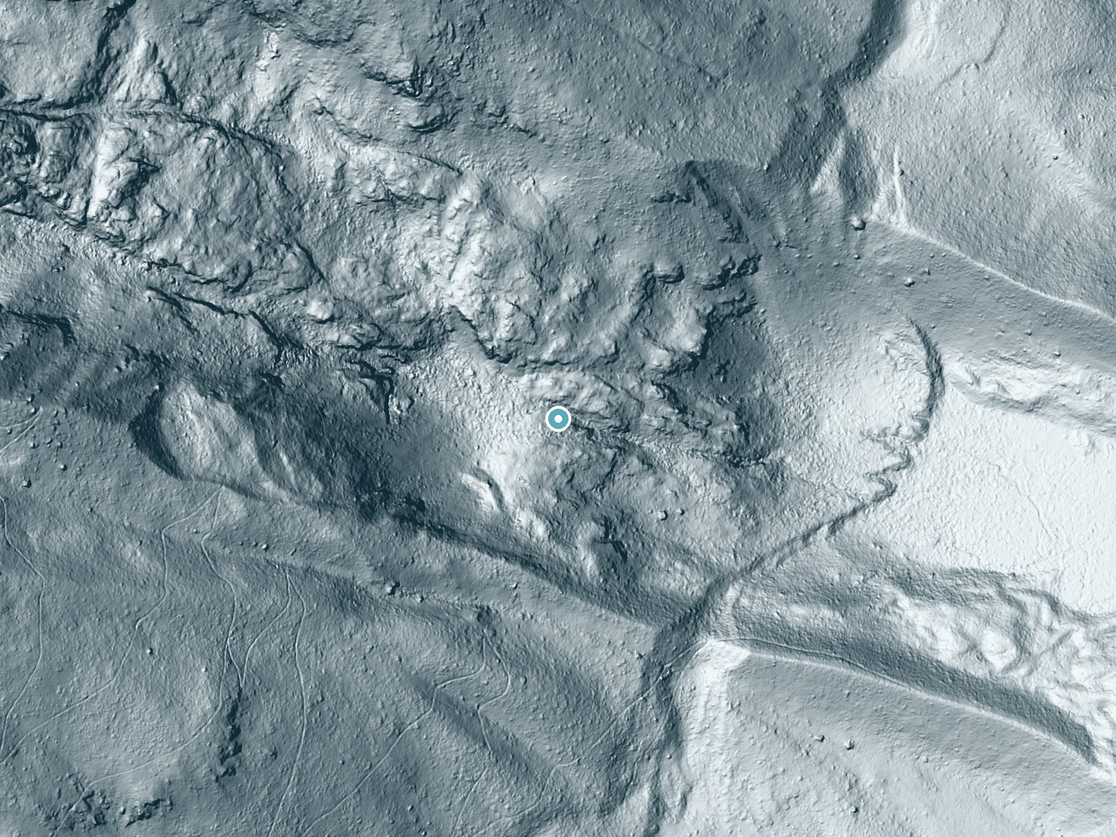 LiDAR bare-earth terrain around Glacier Falls near Teton Village, Wyoming, showing about 180 feet of drop, a steep tiered drop, facing east