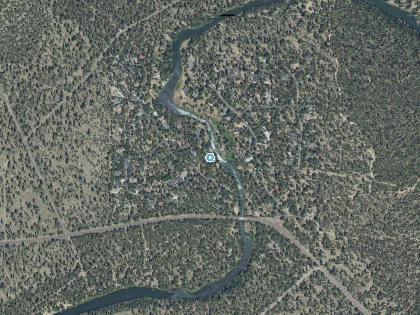 Aerial photo of the same ground around Pringle Falls near La Pine, Oregon, for comparison with the lidar view