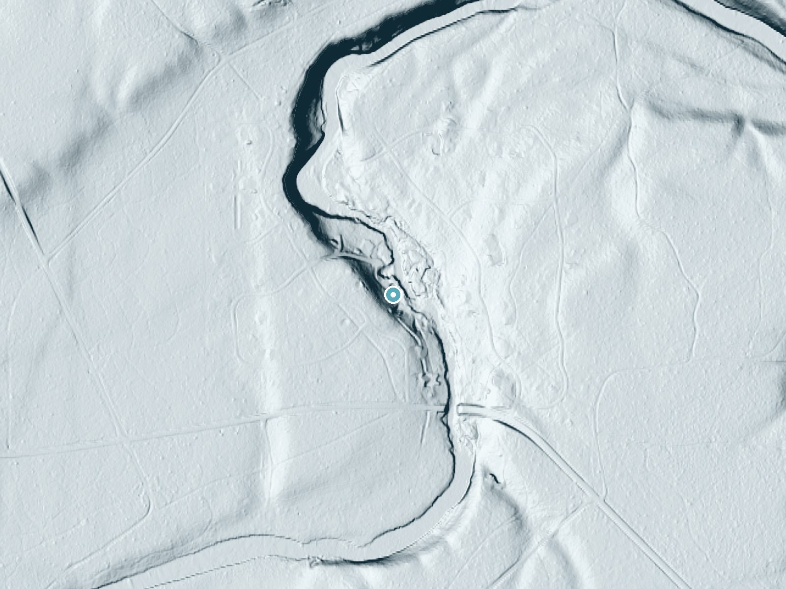 LiDAR bare-earth terrain around Pringle Falls near La Pine, Oregon, showing about 56 feet of drop, a long cascade, facing northeast