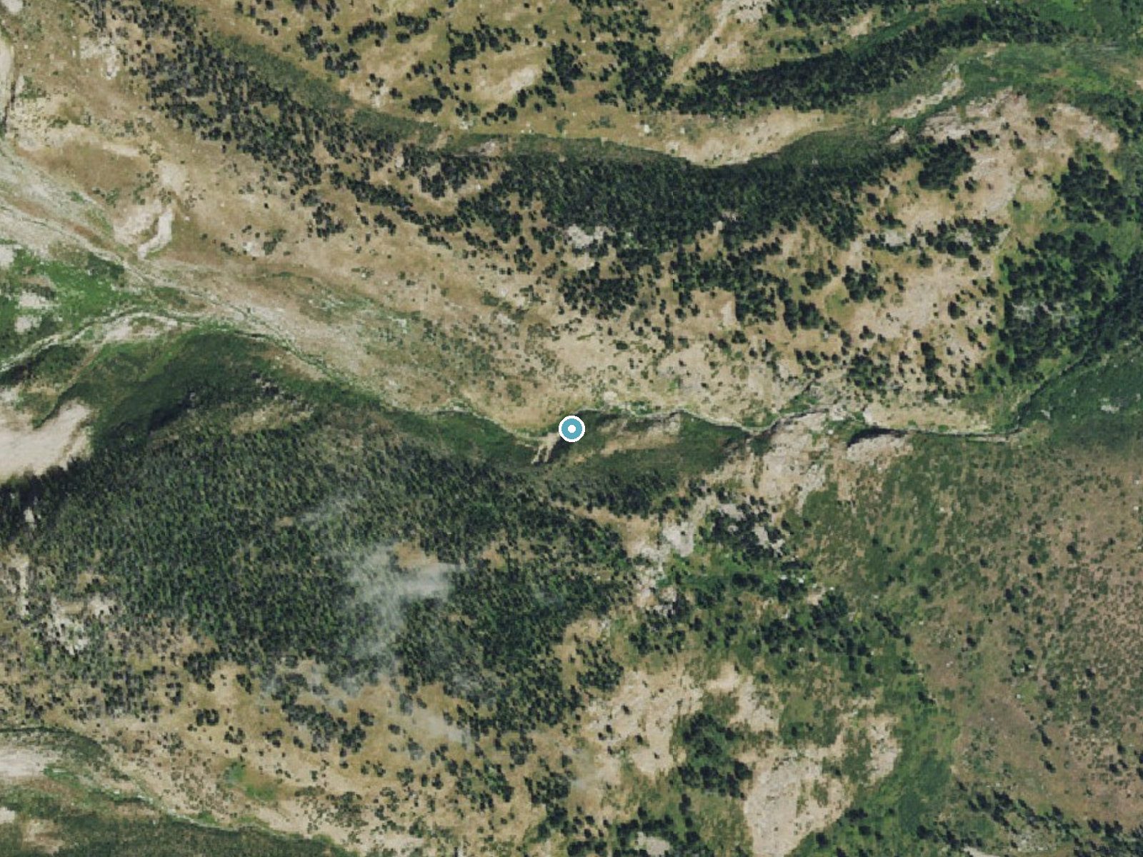 Aerial photo of the same ground around Broken Falls near Teton Village, Wyoming, for comparison with the lidar view
