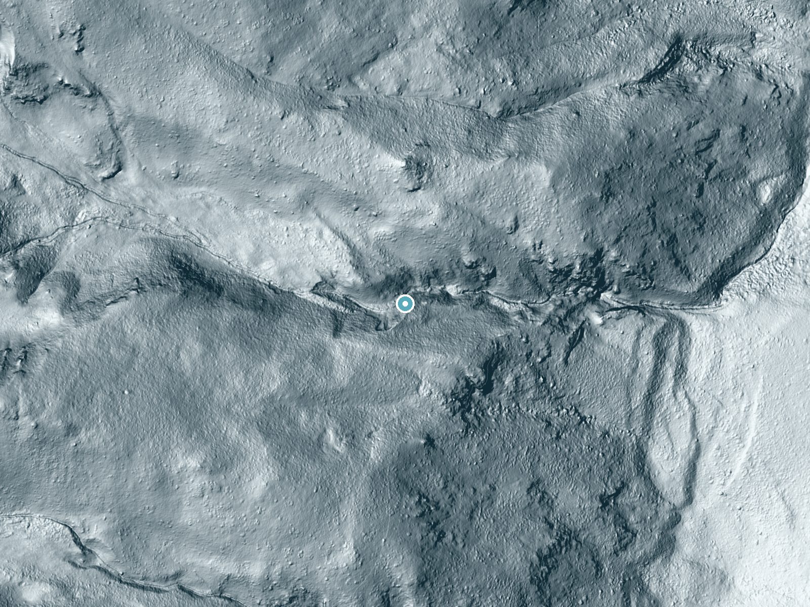 LiDAR bare-earth terrain around Broken Falls near Teton Village, Wyoming, showing about 297 feet of drop, a steep tiered drop, facing northeast