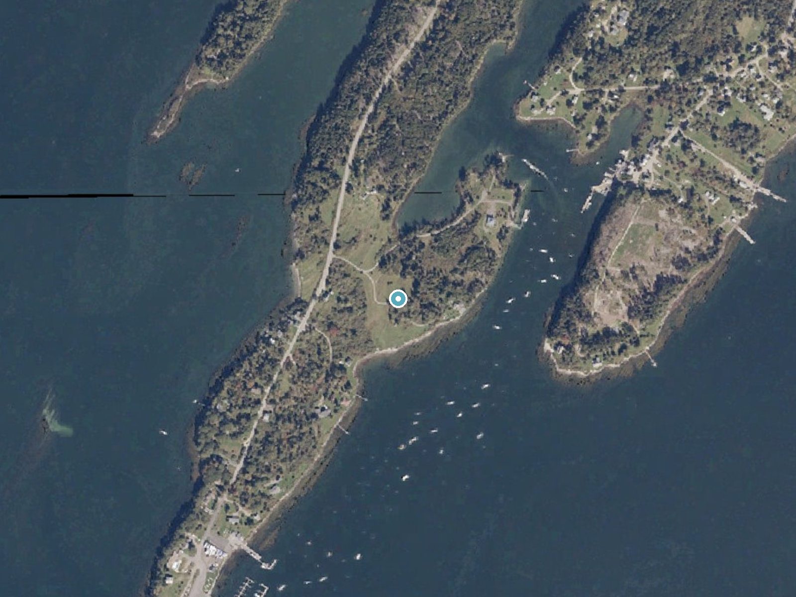 Aerial photo of the same ground around Basion Cove Falls near Littlejohn Island, Maine, for comparison with the lidar view