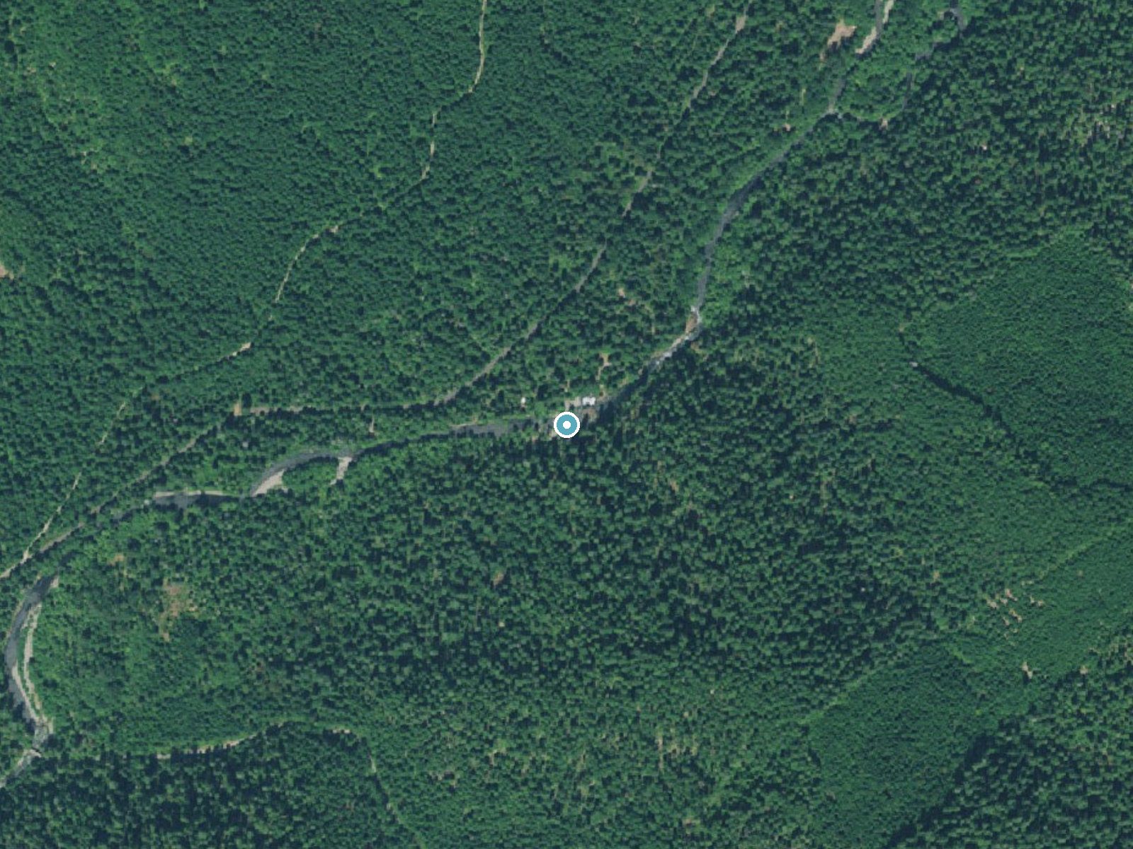Aerial view of the ground around Salmon Falls near Oakridge, Oregon