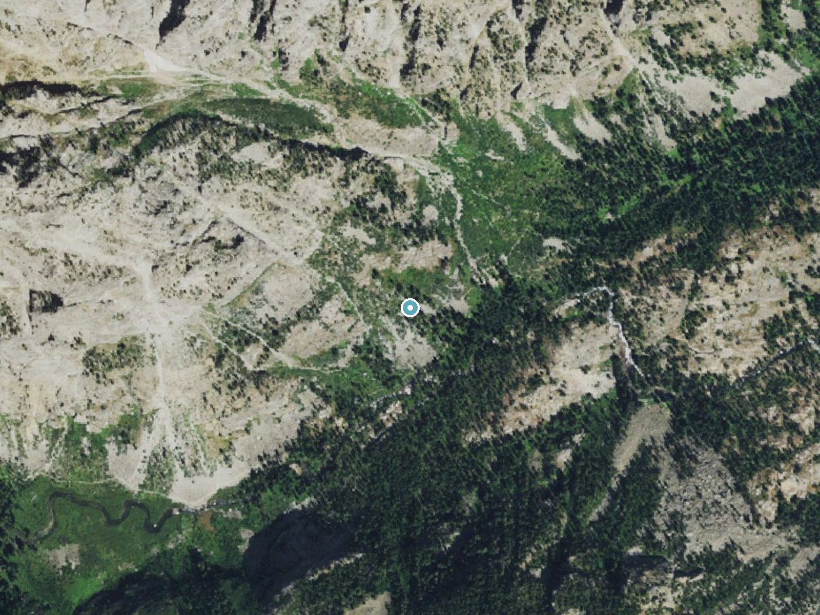 Aerial photo of the same ground around Hidden Falls near Alta, Wyoming, for comparison with the lidar view