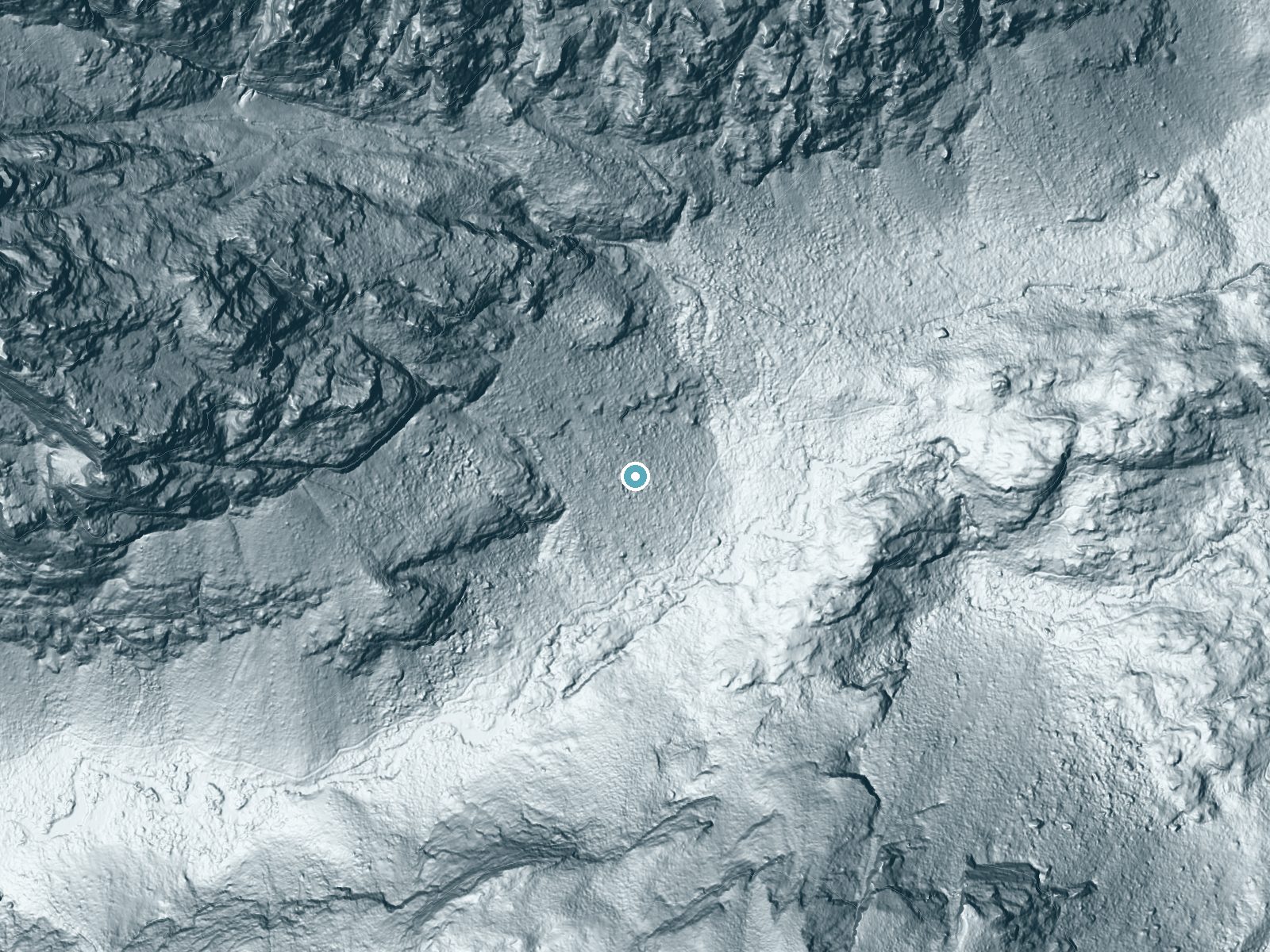 LiDAR bare-earth terrain around Hidden Falls near Alta, Wyoming, showing about 252 feet of drop, a steep tiered drop, facing southeast