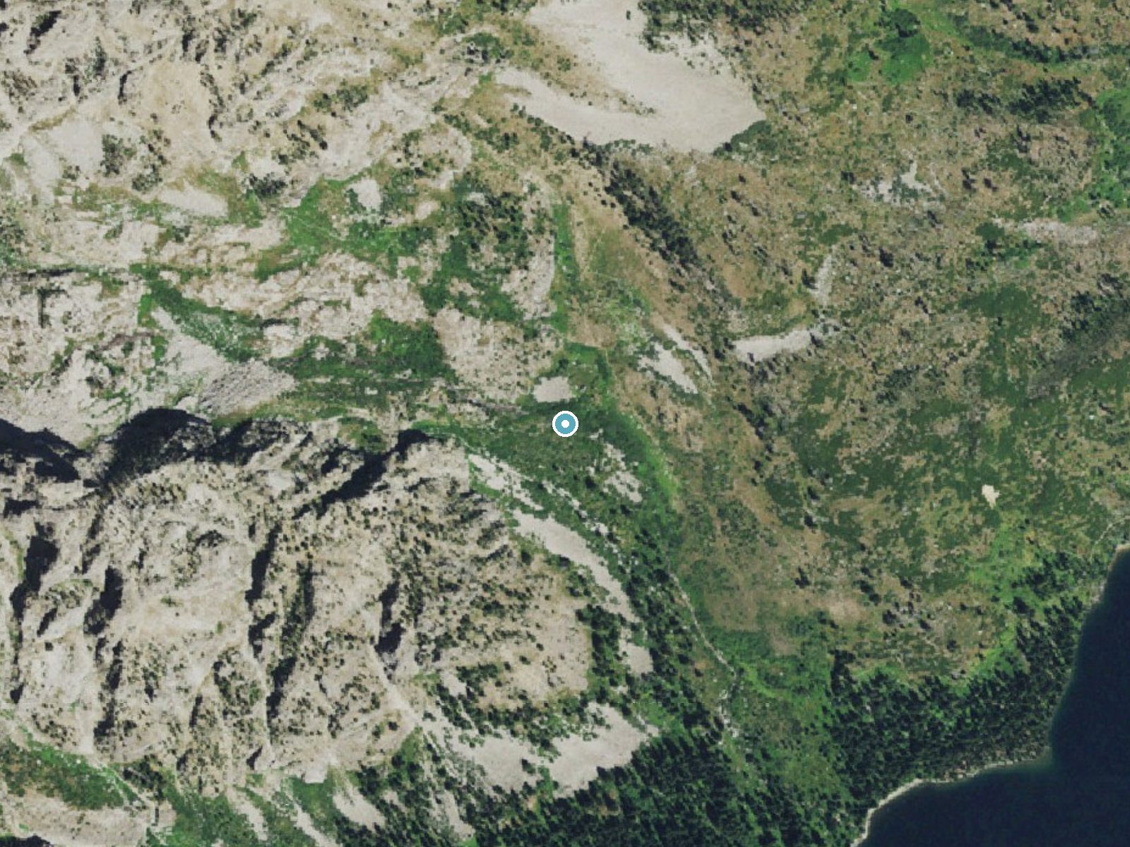 Aerial photo of the same ground around Ribbon Cascade near Alta, Wyoming, for comparison with the lidar view
