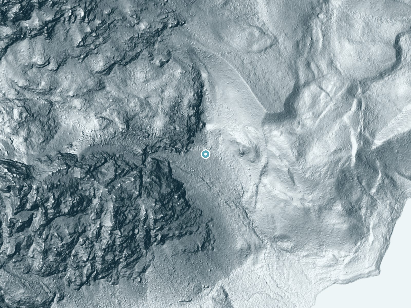 LiDAR bare-earth terrain around Ribbon Cascade near Alta, Wyoming, showing about 238 feet of drop, a steep tiered drop, facing east