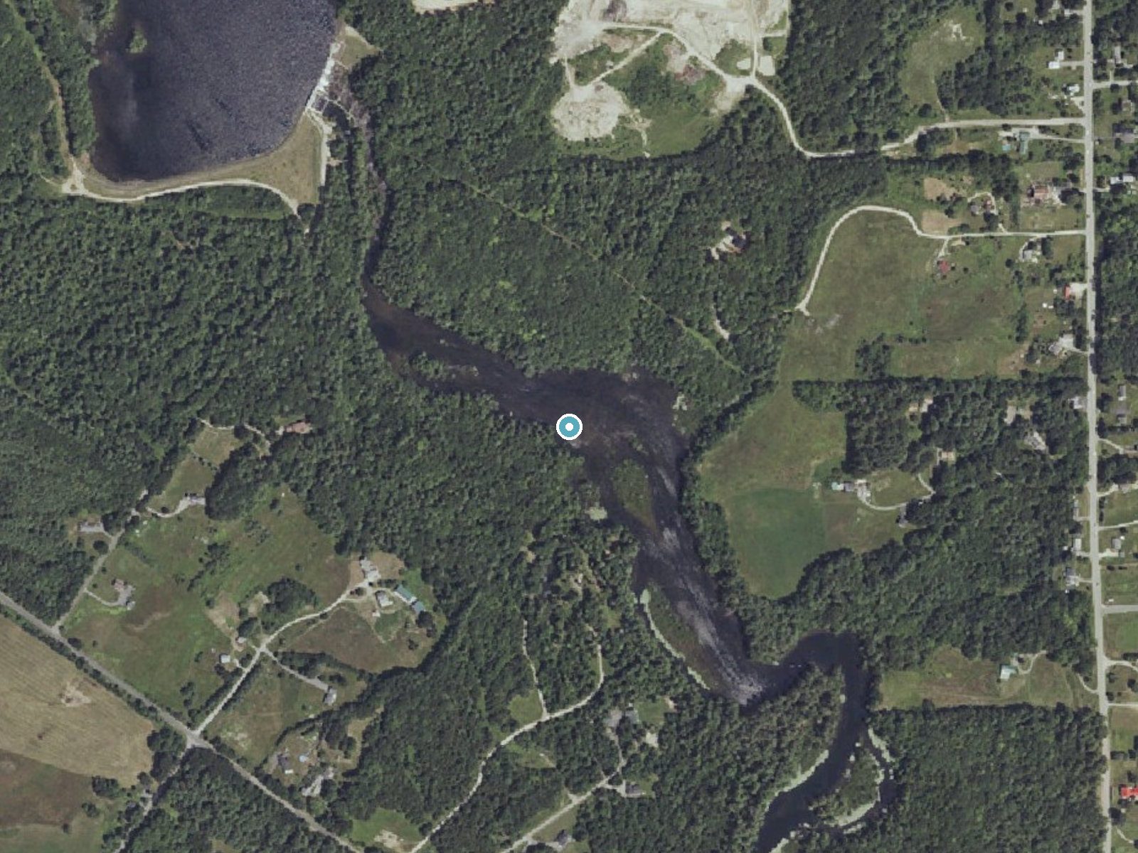 Aerial photo of the same ground around Dundee Falls near South Windham, Maine, for comparison with the lidar view