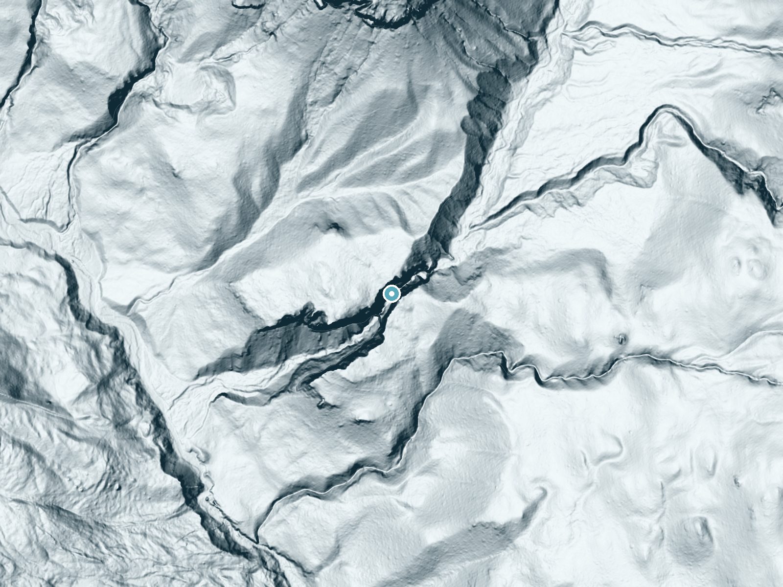 LiDAR bare-earth terrain around Twilight Falls near Dubois, Wyoming, showing about 329 feet of drop, a single sheer drop, facing south