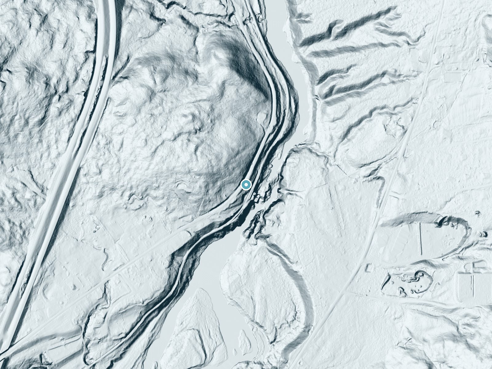 LiDAR bare-earth terrain around Livermore Falls near Center Sandwich, New Hampshire, showing about 171 feet of drop, a steep tiered drop, facing southeast