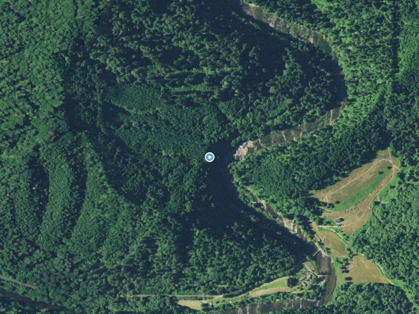 Aerial view of the ground around Smith River Falls near Mapleton, Oregon