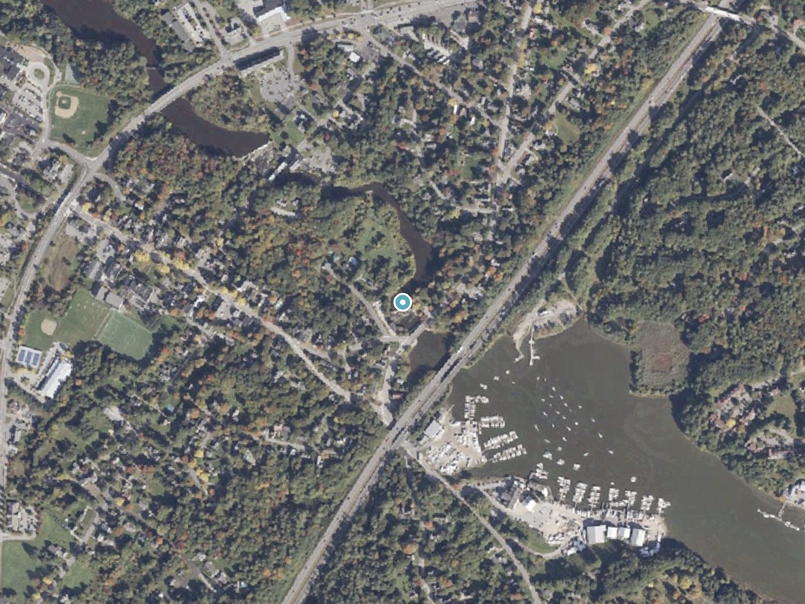 Aerial photo of the same ground around Pumgustuck near Cumberland Center, Maine, for comparison with the lidar view