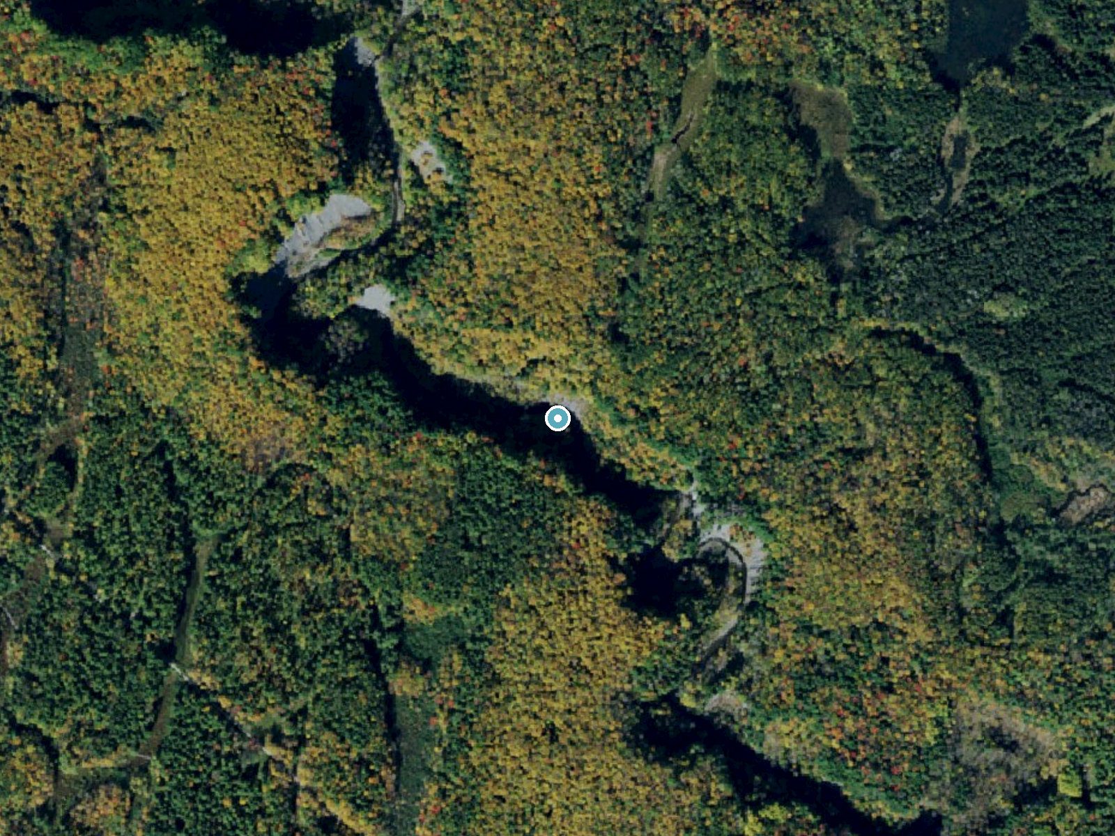 Aerial photo of the same ground around Rainbow Falls near Adams Center, New York, for comparison with the lidar view
