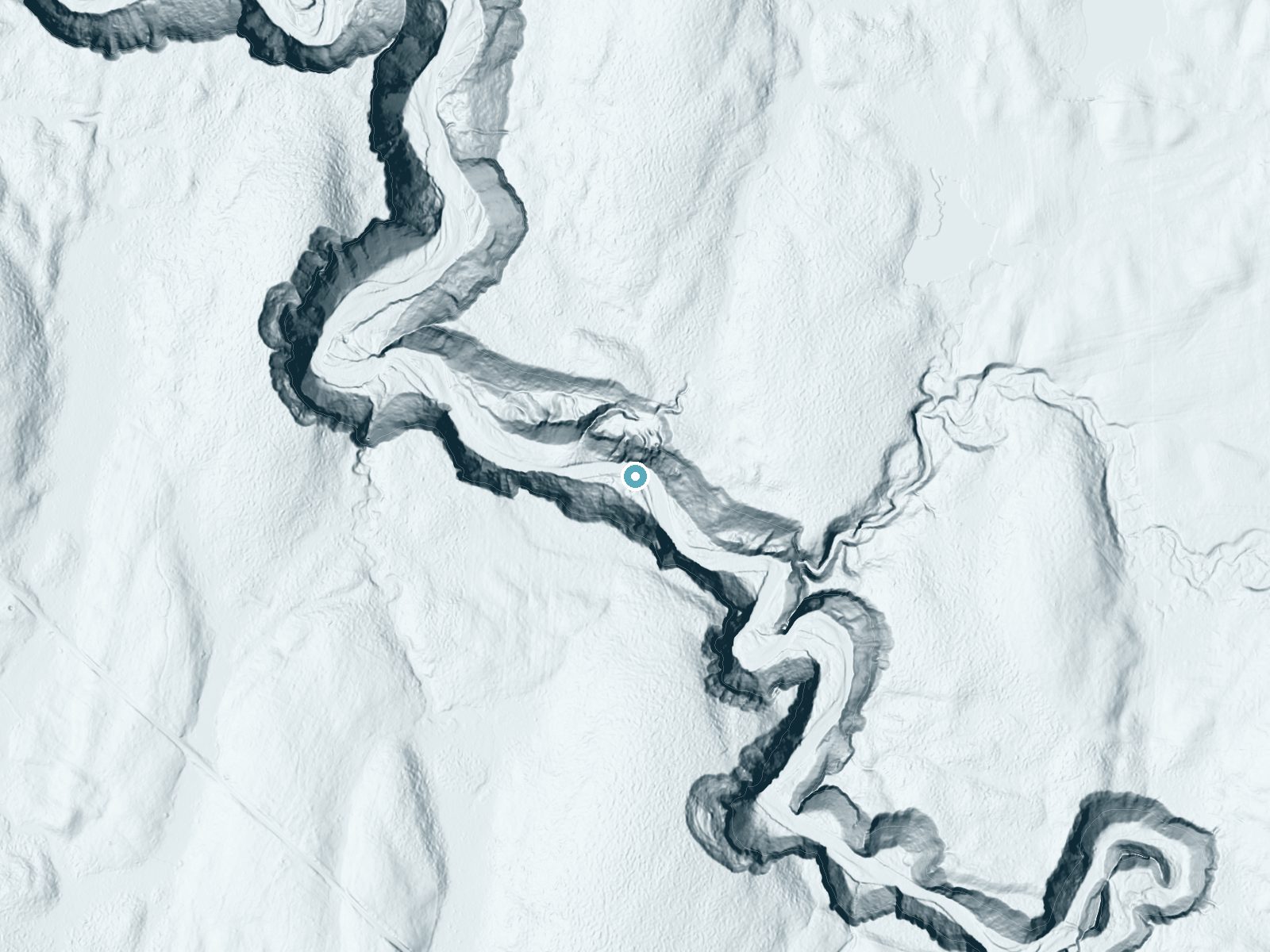 LiDAR bare-earth terrain around Rainbow Falls near Adams Center, New York, showing about 169 feet of drop, a single sheer drop, facing southwest