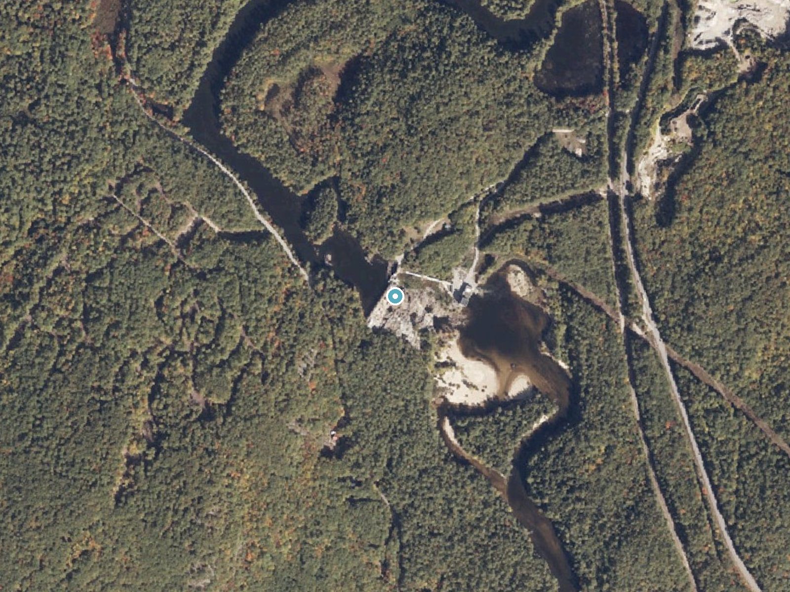Aerial photo of the same ground around Great Falls near Cornish, Maine, for comparison with the lidar view