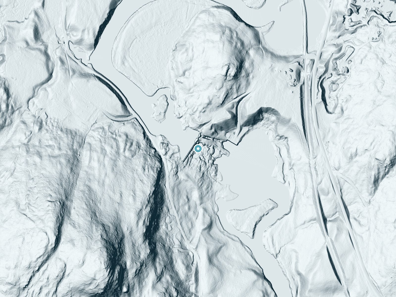 LiDAR bare-earth terrain around Great Falls near Cornish, Maine, showing about 78 feet of drop, a steep tiered drop, facing southeast