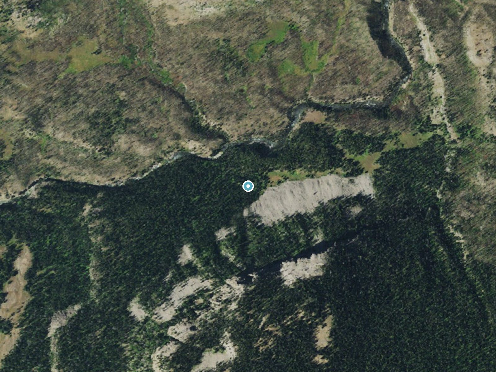 Aerial photo of the same ground around South Fork Falls near Dubois, Wyoming, for comparison with the lidar view