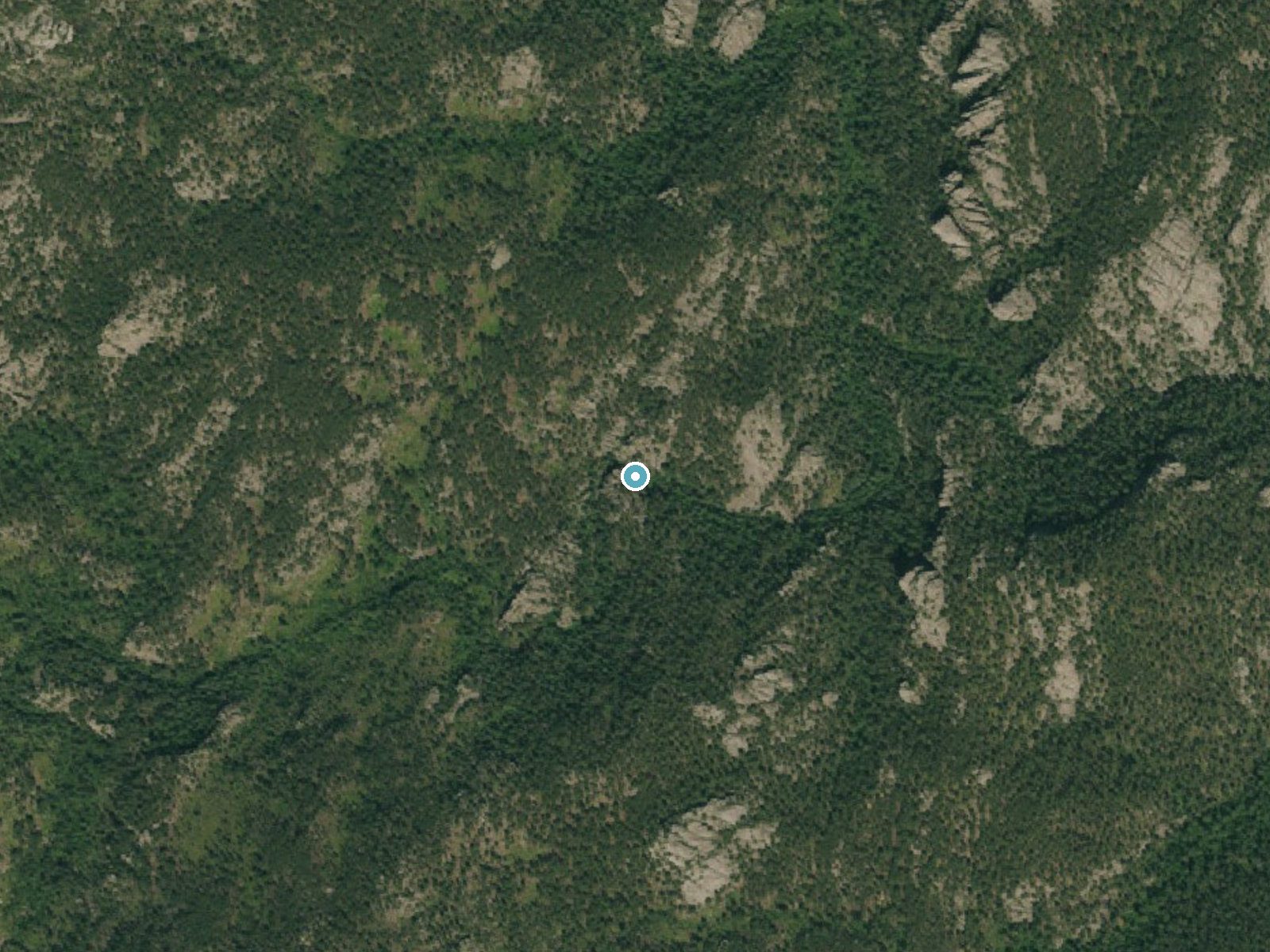 Aerial photo of the same ground around Grizzly Bear Falls near Keystone, South Dakota, for comparison with the lidar view