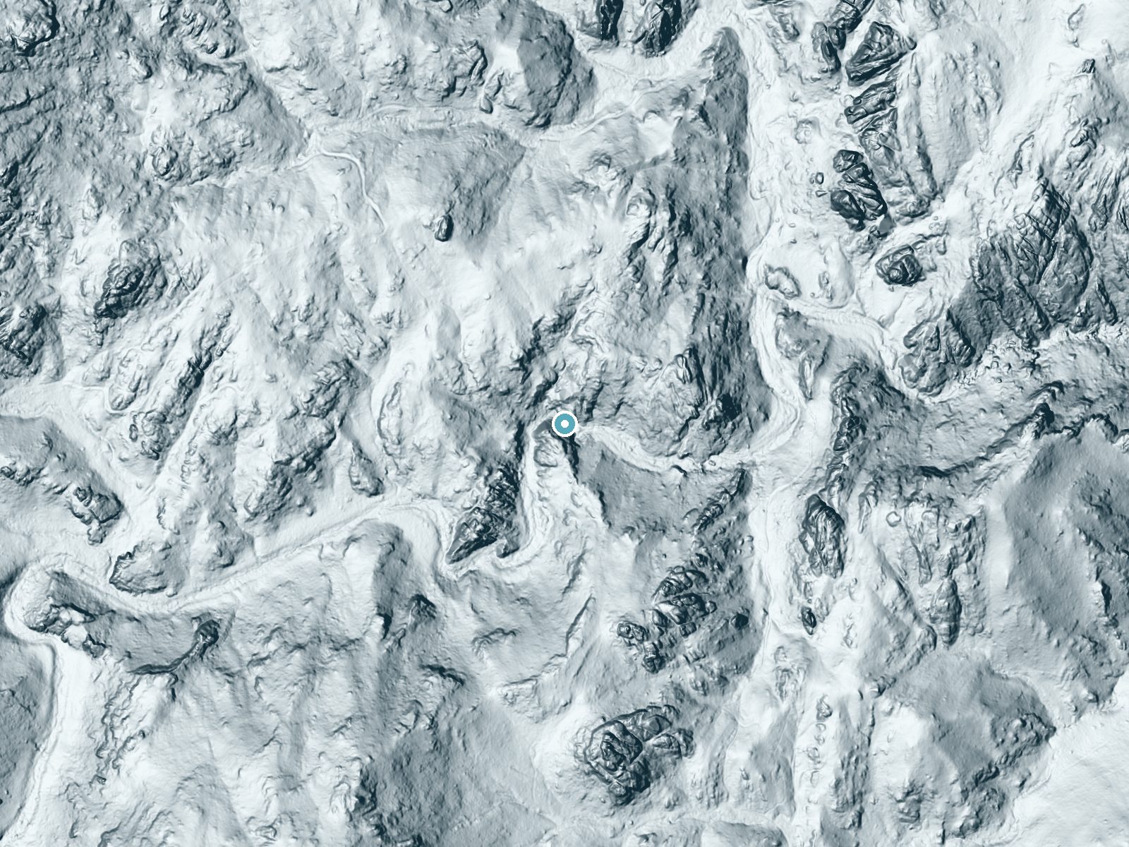 LiDAR bare-earth terrain around Grizzly Bear Falls near Keystone, South Dakota, showing about 142 feet of drop, a steep tiered drop, facing southeast