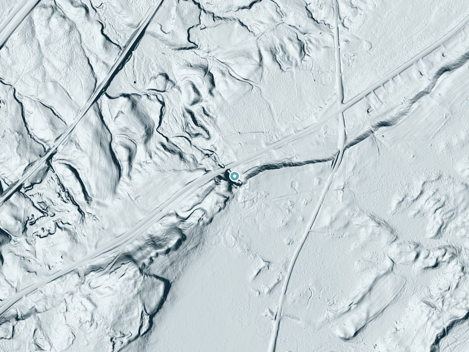 LiDAR bare-earth terrain around Talcott Falls near Adams Center, New York, showing about 80 feet of drop, a steep tiered drop, facing north