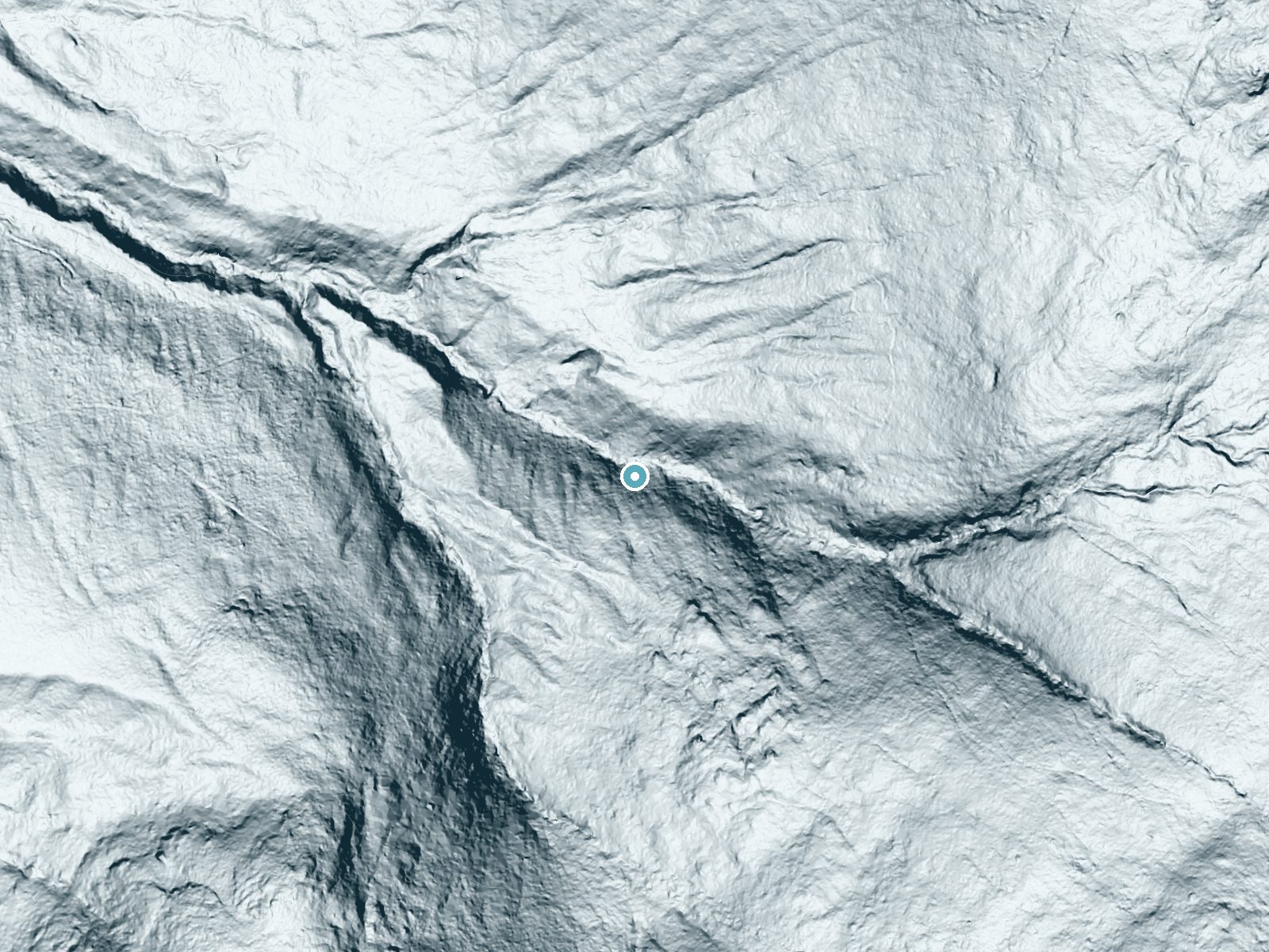 LiDAR bare-earth terrain around Waternomee Falls near North Woodstock, New Hampshire, showing about 198 feet of drop, a steep tiered drop, facing northwest