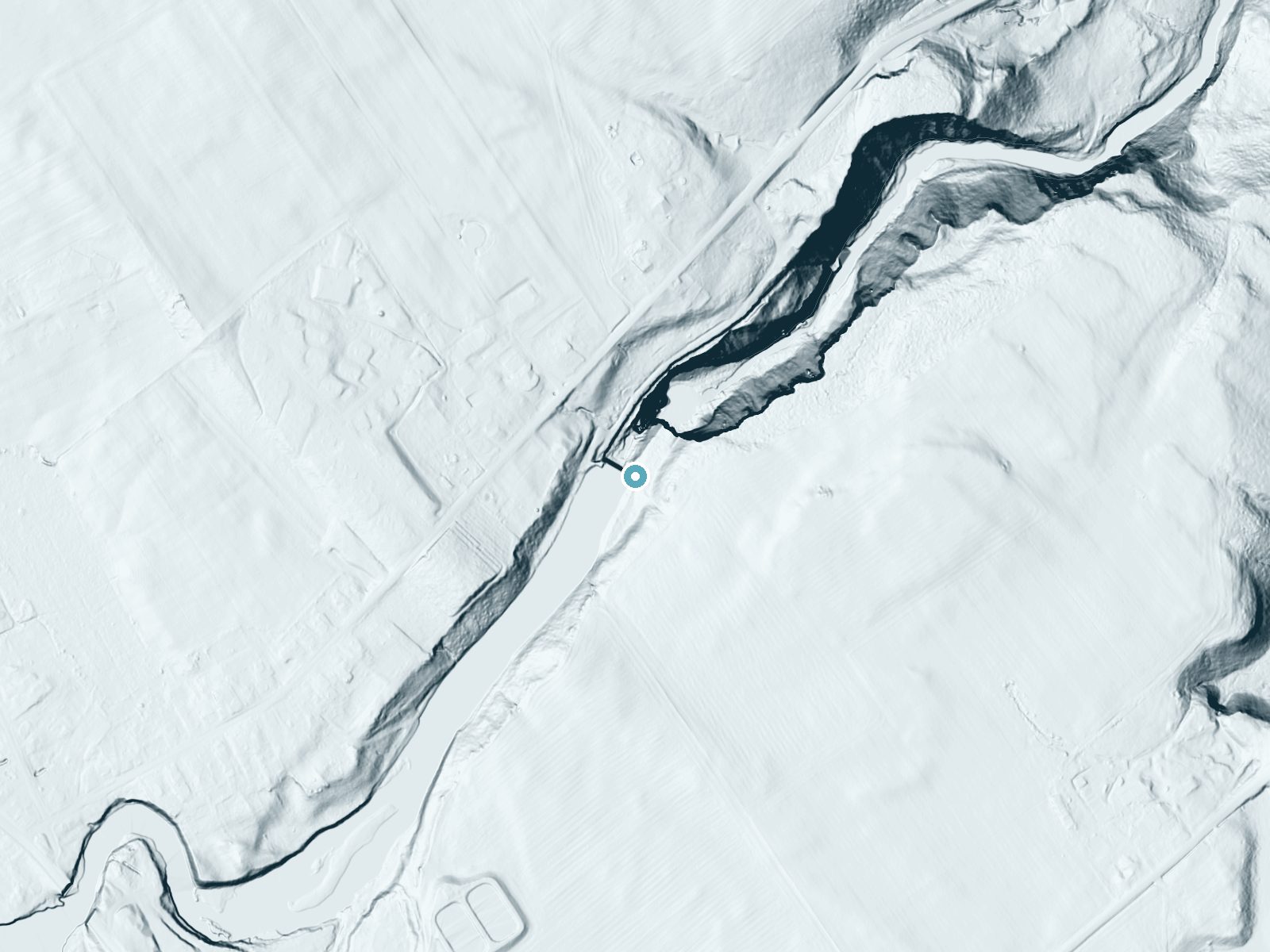 LiDAR bare-earth terrain around High Falls near Copenhagen, New York, showing about 189 feet of drop, a long cascade, facing north