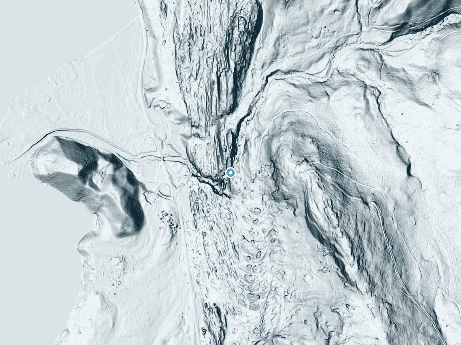 LiDAR bare-earth terrain around Falls of Lana near East Middlebury, Vermont, showing about 230 feet of drop, a steep tiered drop, facing southwest