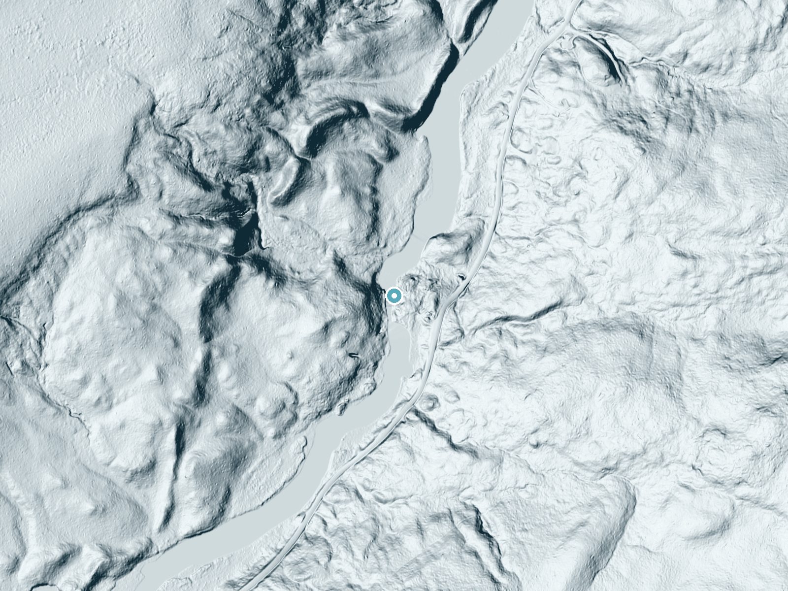 LiDAR bare-earth terrain around Buttermilk Falls near Speculator, New York, showing about 72 feet of drop, a long cascade, facing north
