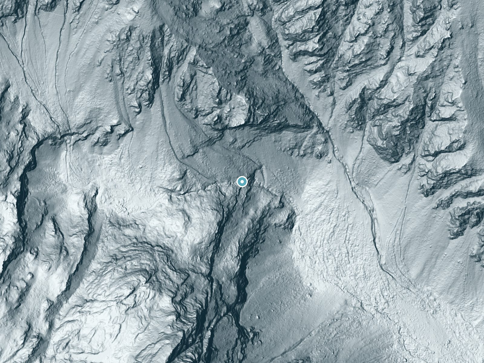 LiDAR bare-earth terrain around Columbine Cascade near Alta, Wyoming, showing about 352 feet of drop, a steep tiered drop, facing east