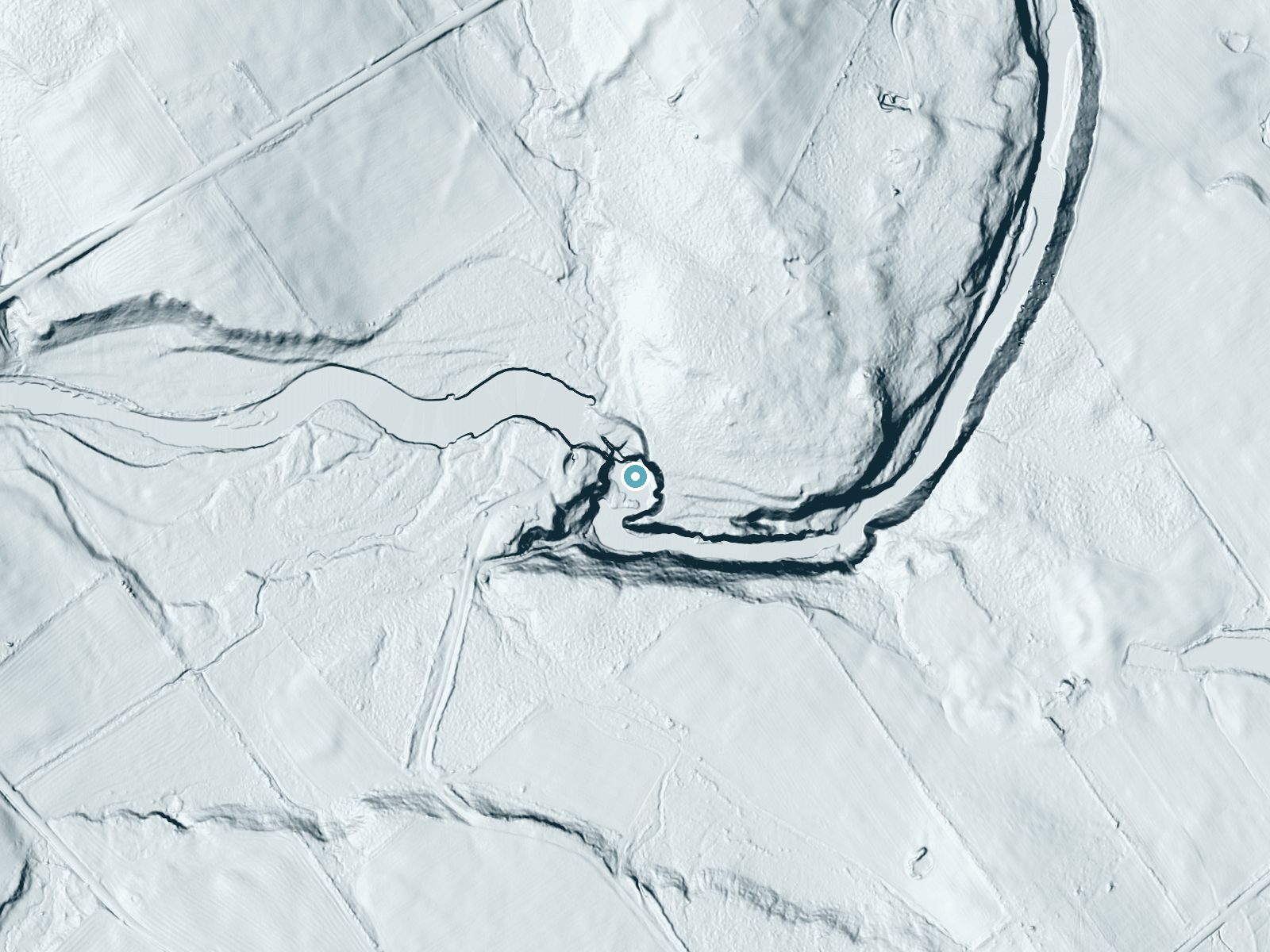 LiDAR bare-earth terrain around Kings Falls near Copenhagen, New York, showing about 71 feet of drop, a steep tiered drop, facing southwest