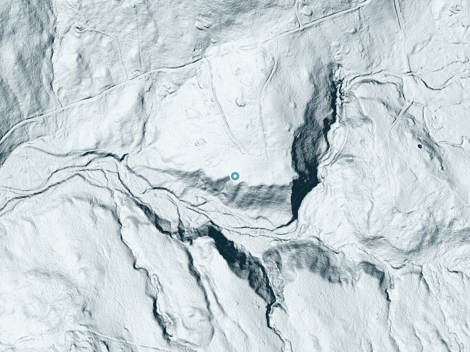 LiDAR bare-earth terrain around Mill Brook Cascade near North Woodstock, New Hampshire, showing about 133 feet of drop, a long cascade, facing southwest