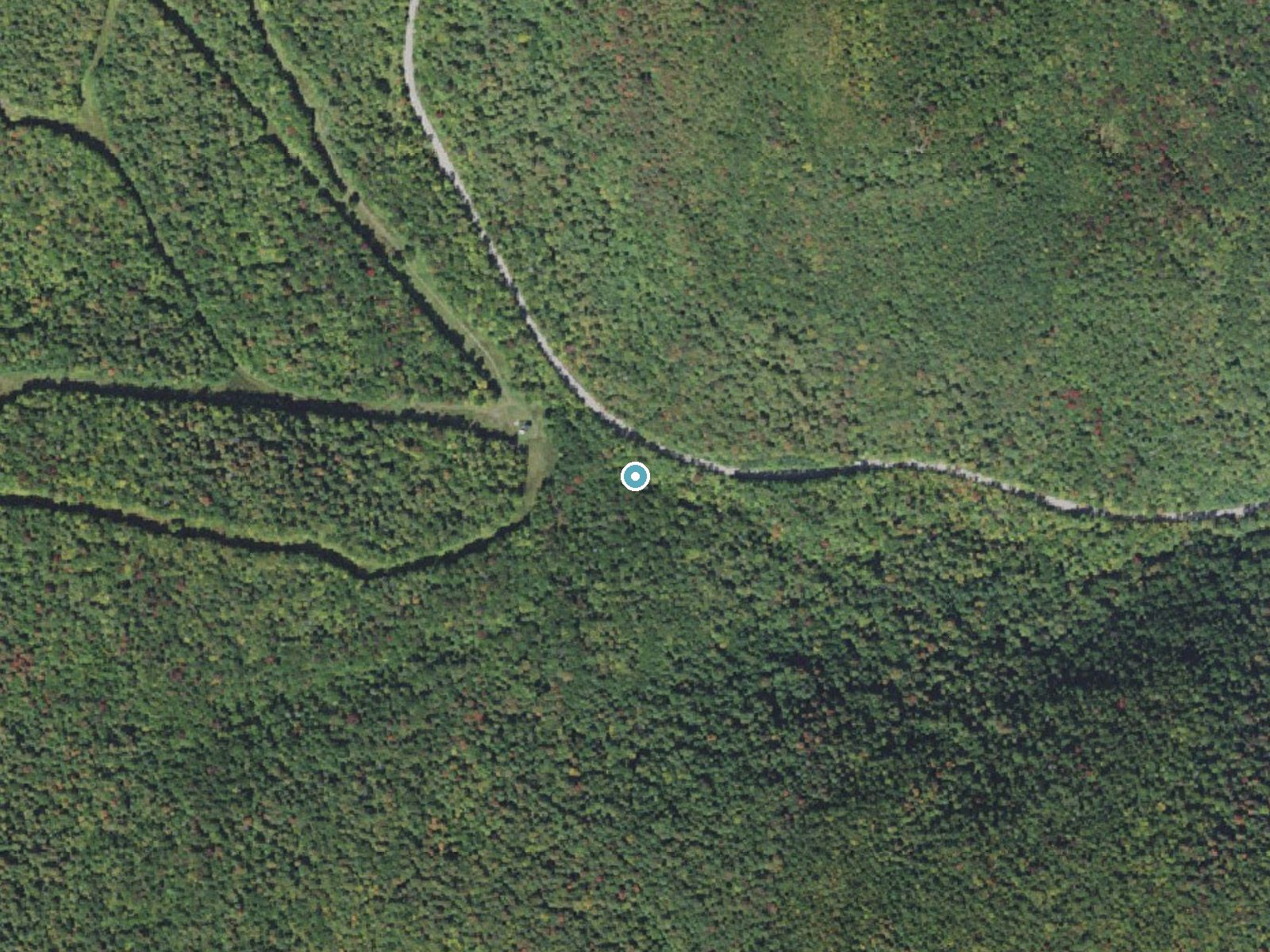 Aerial photo of the same ground around Bailey Falls near South Lincoln, Vermont, for comparison with the lidar view