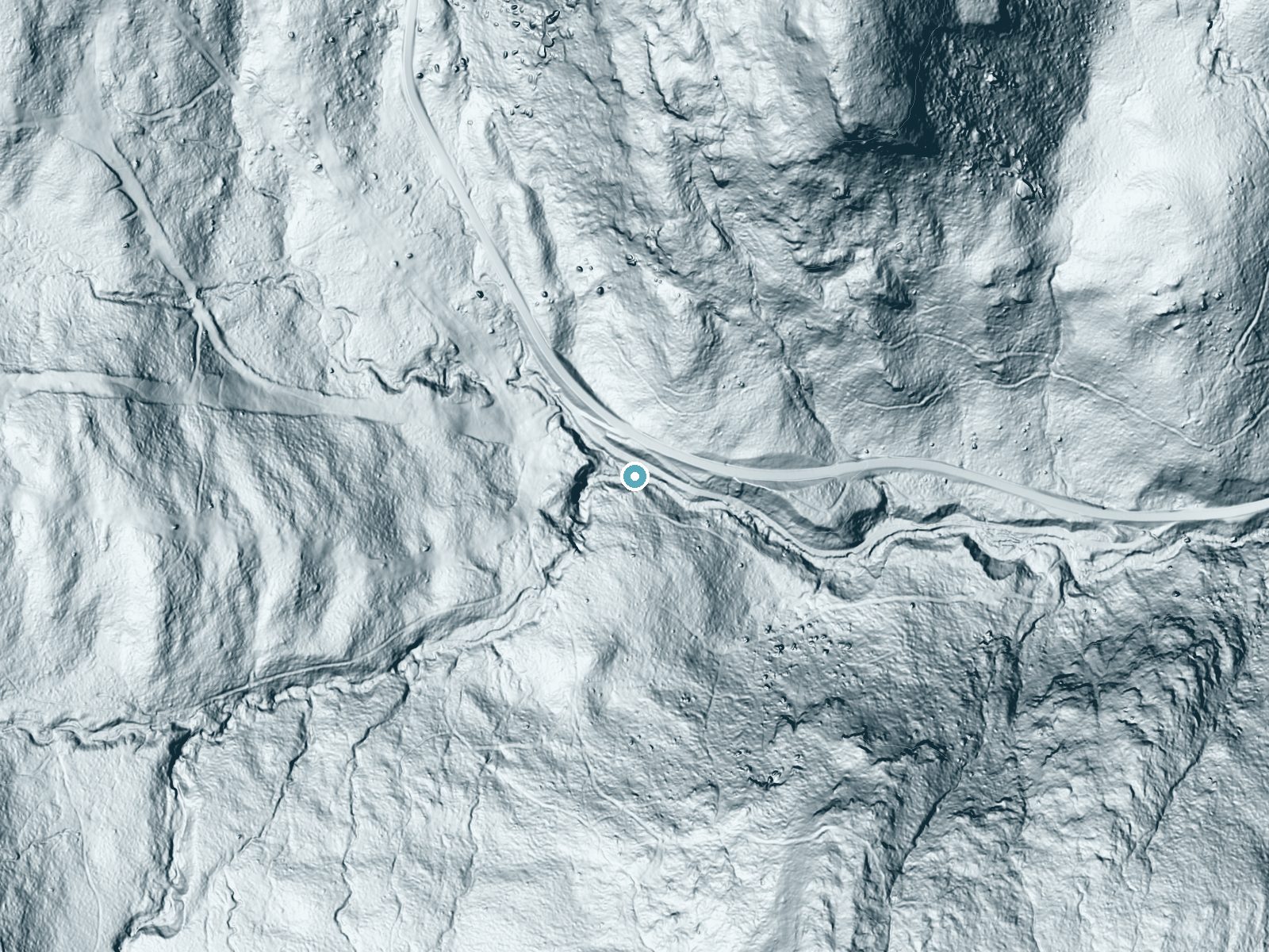 LiDAR bare-earth terrain around Bailey Falls near South Lincoln, Vermont, showing about 88 feet of drop, a long cascade, facing southeast