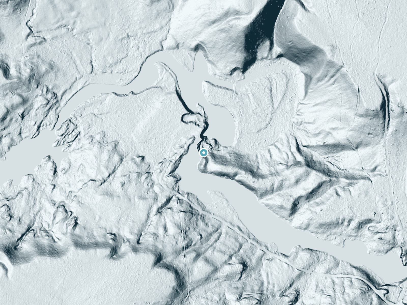 LiDAR bare-earth terrain around Elmer Falls near Castorland, New York, showing about 75 feet of drop, a long cascade, facing northeast