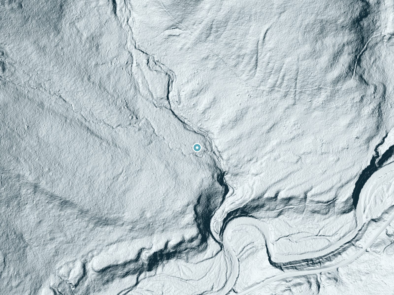 LiDAR bare-earth terrain around Shell Cascade near Center Sandwich, New Hampshire, showing about 41 feet of drop, a long cascade, facing east