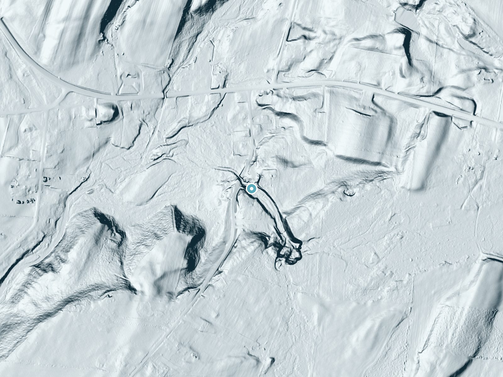 LiDAR bare-earth terrain around Burrville Cider Mill Falls near Watertown, New York, showing about 61 feet of drop, a long cascade, facing northwest