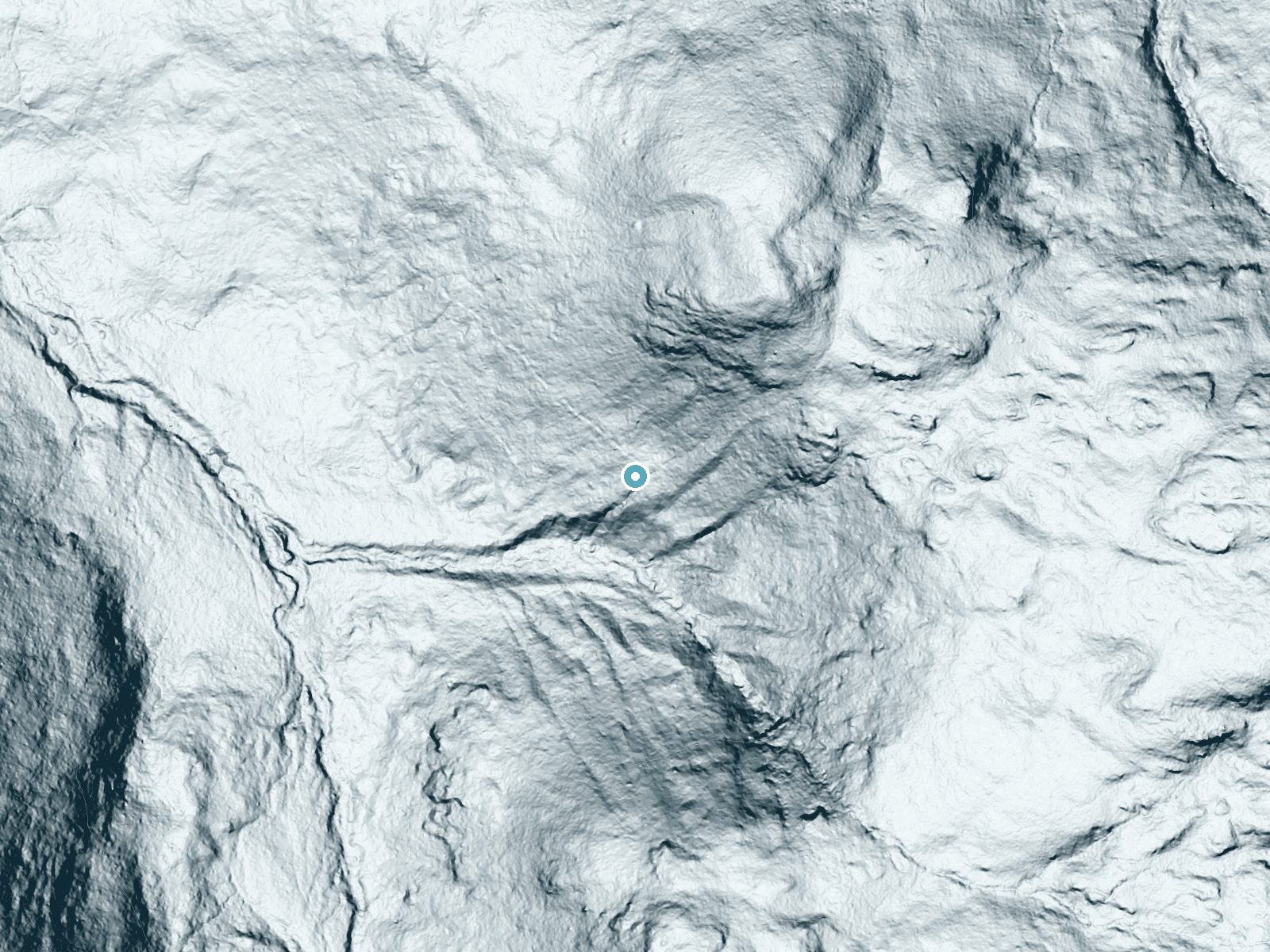 LiDAR bare-earth terrain around Fletcher Cascades near Center Sandwich, New Hampshire, showing about 229 feet of drop, a steep tiered drop, facing southwest
