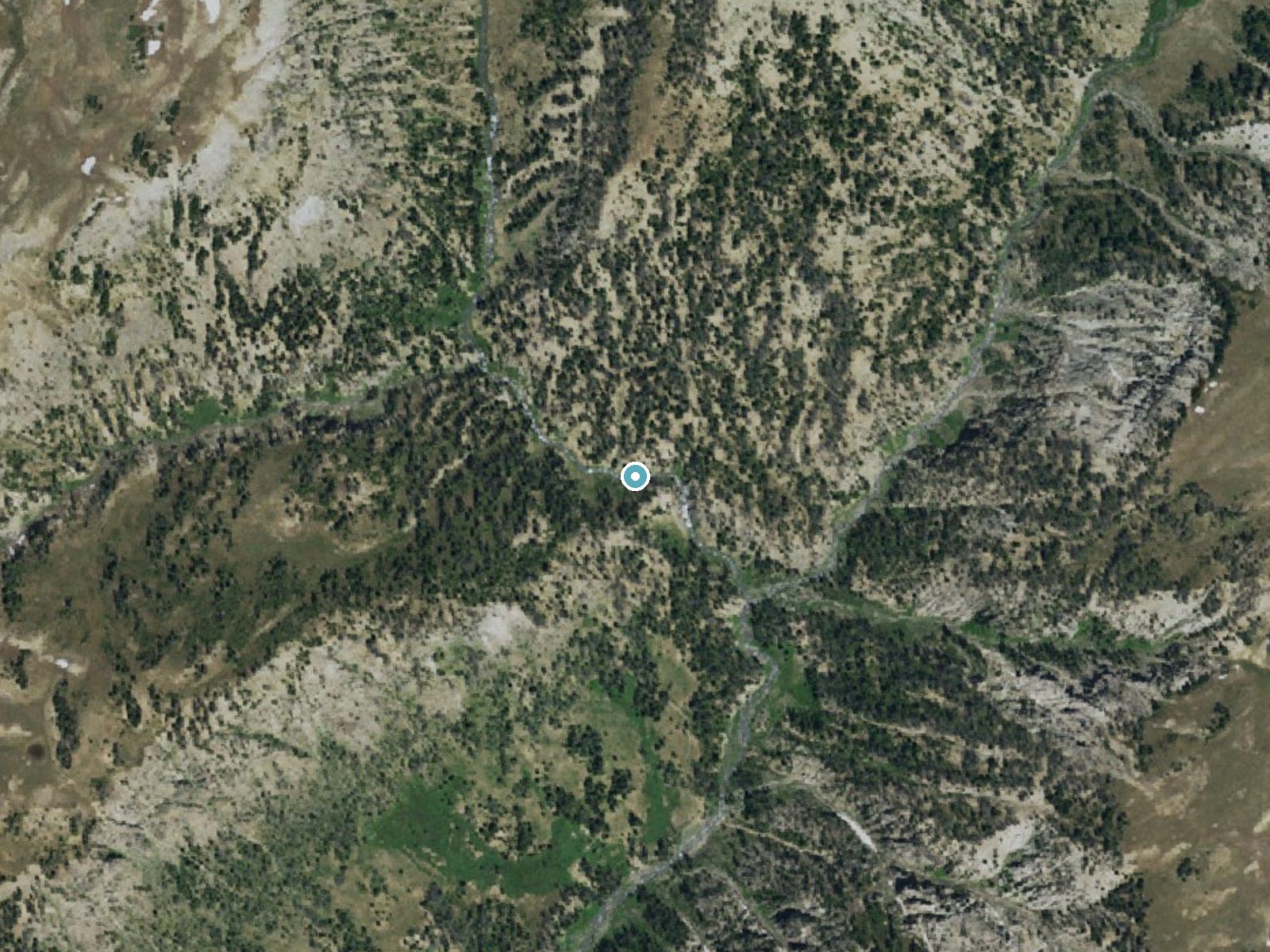 Aerial photo of the same ground around Lake Fork Falls near Dubois, Wyoming, for comparison with the lidar view