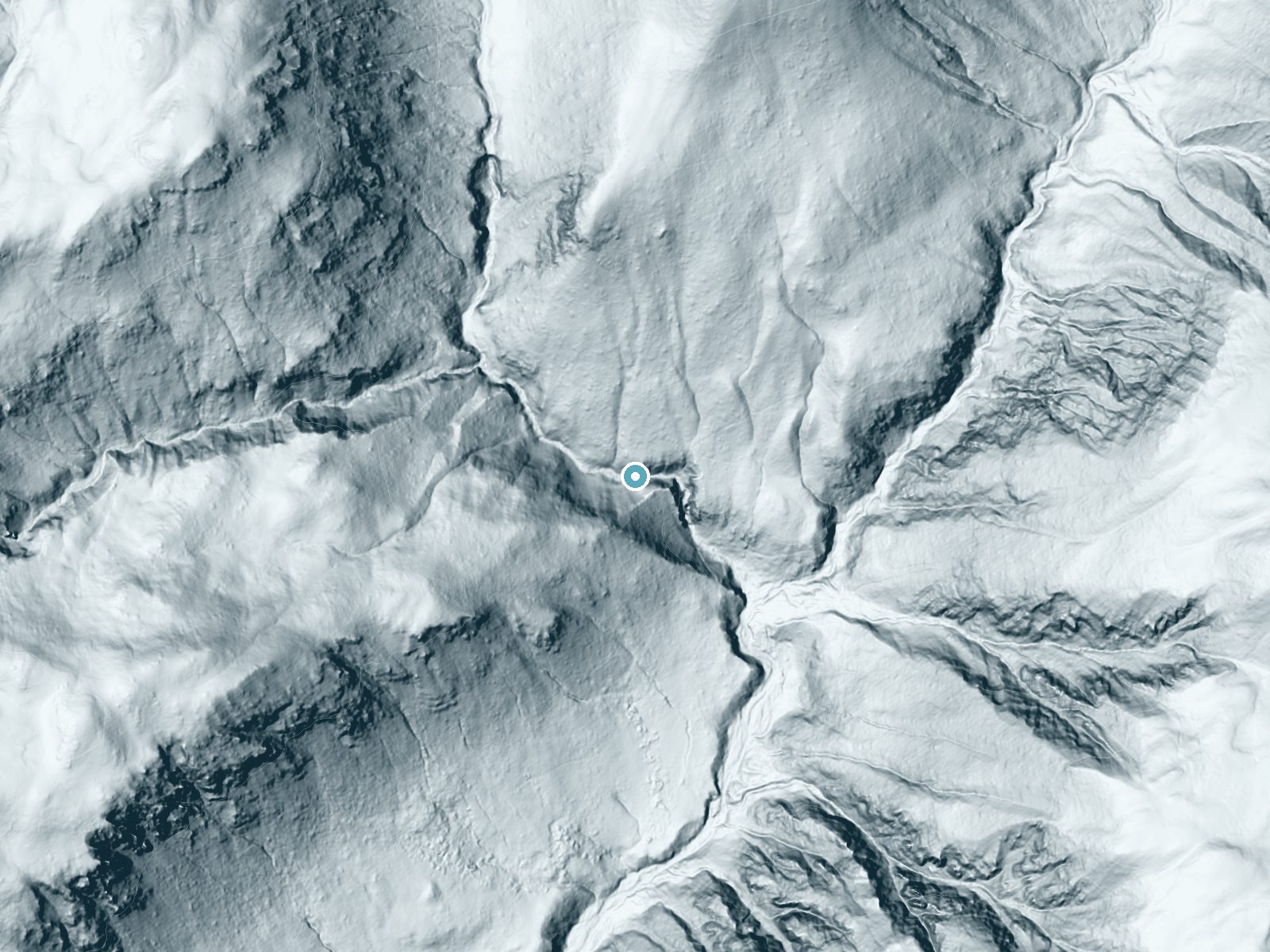 LiDAR bare-earth terrain around Lake Fork Falls near Dubois, Wyoming, showing about 185 feet of drop, a steep tiered drop, facing southeast