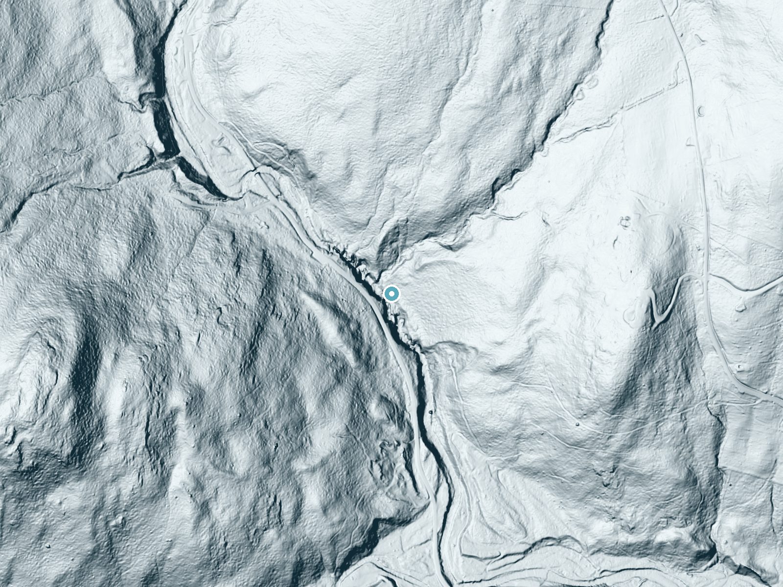 LiDAR bare-earth terrain around Texas Falls near South Lincoln, Vermont, showing about 113 feet of drop, a long cascade, facing south