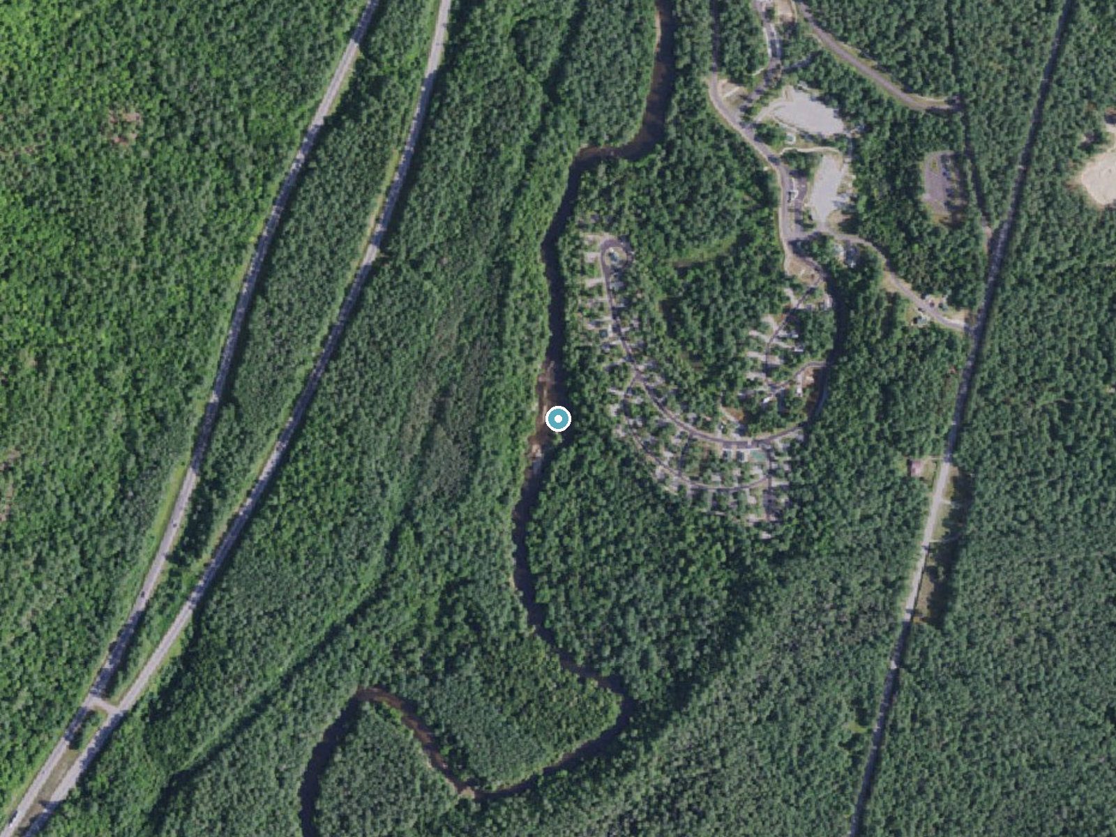 Aerial photo of the same ground around Linsey Falls near Schroon Lake, New York, for comparison with the lidar view