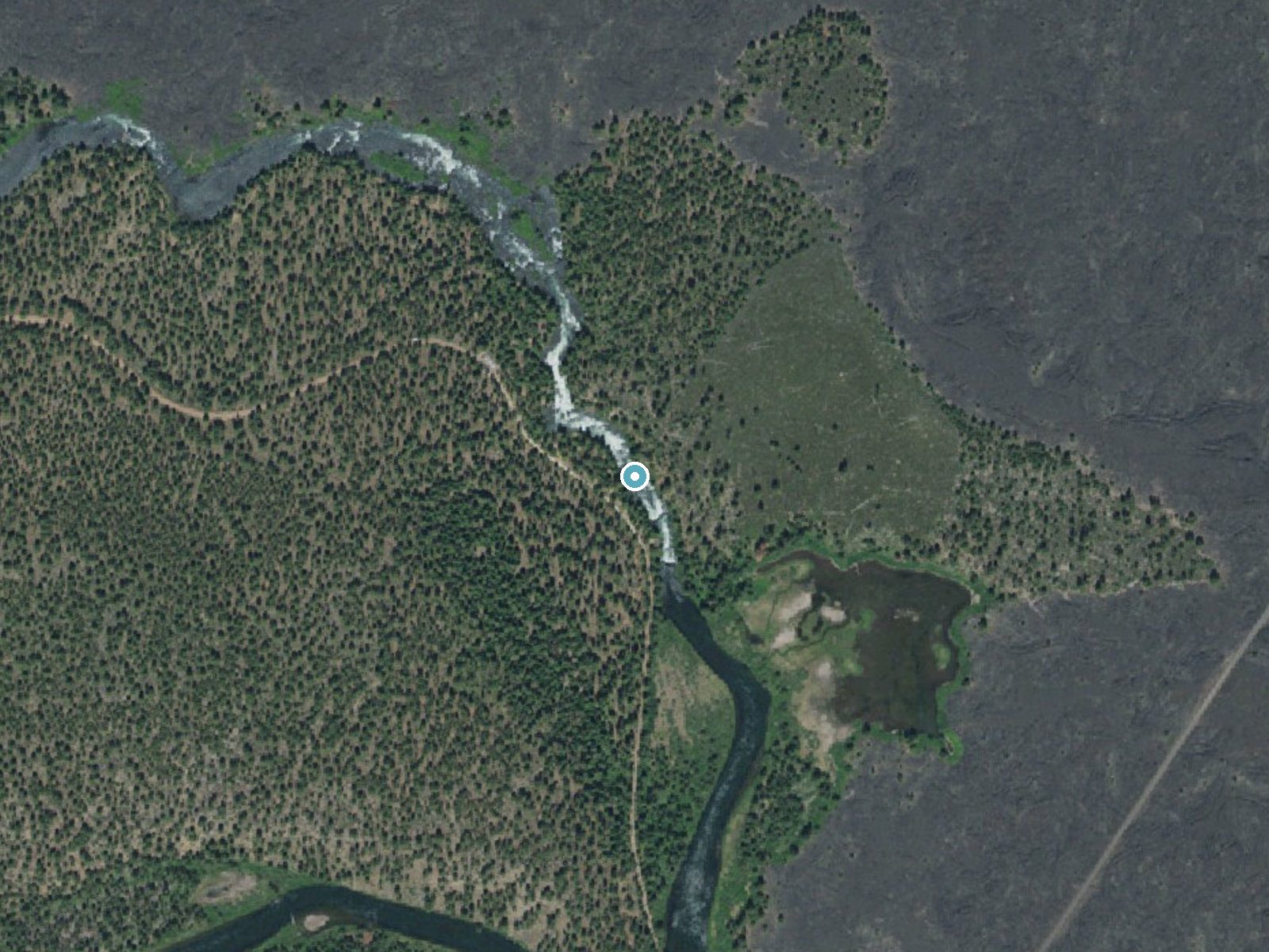 Aerial photo of the same ground around Benham Falls near Sunriver, Oregon, for comparison with the lidar view