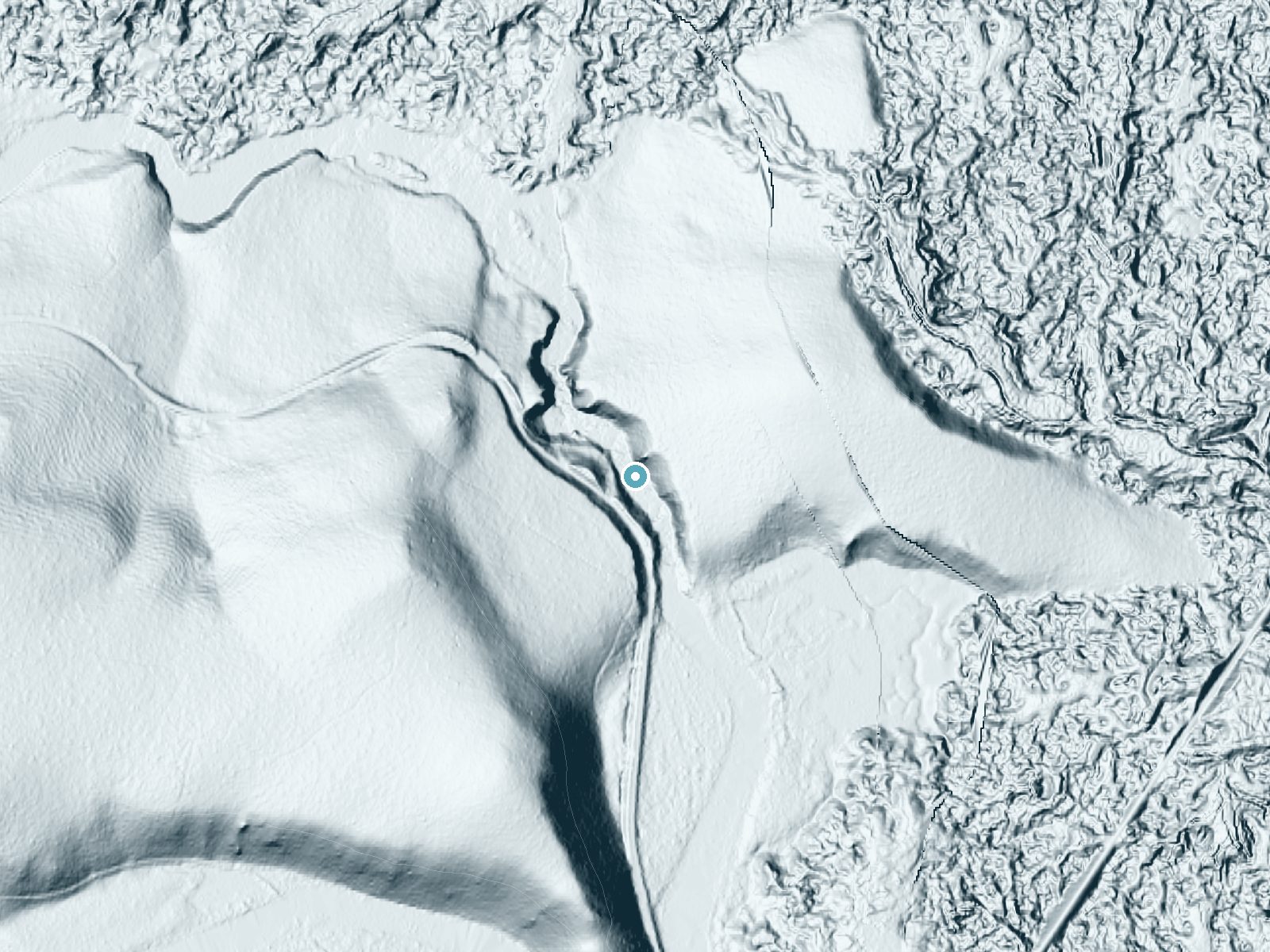 LiDAR bare-earth terrain around Benham Falls near Sunriver, Oregon, showing about 85 feet of drop, a steep tiered drop, facing west